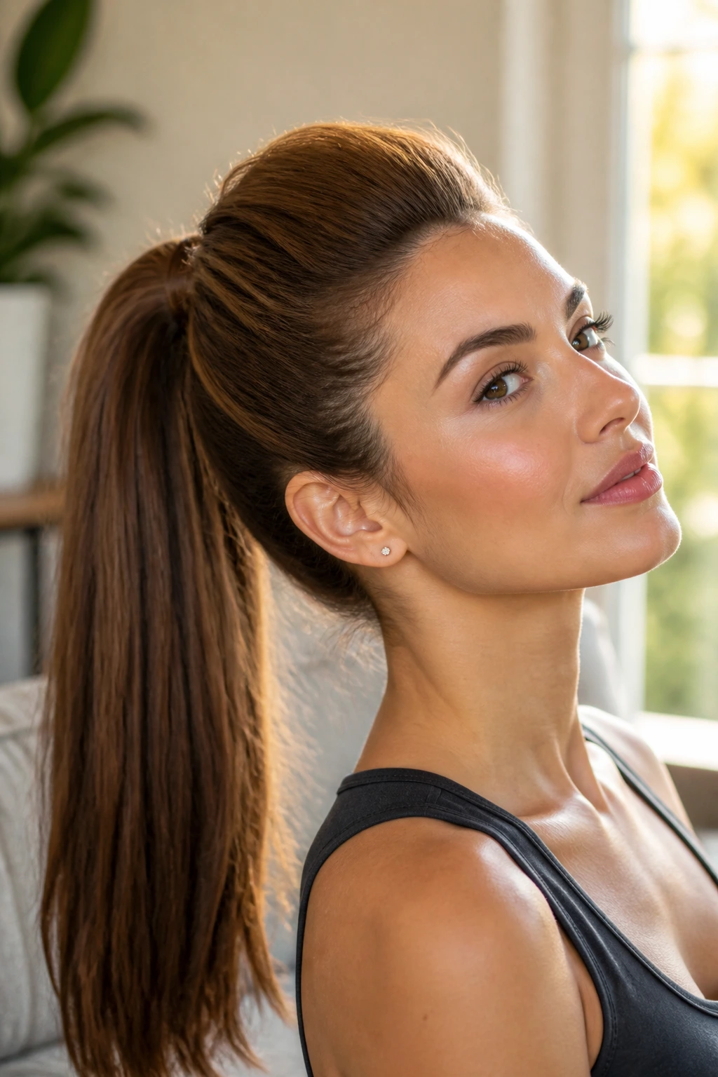 Close-up of a real woman with a high ponytail crown lift, stacked elastics and teased crown.