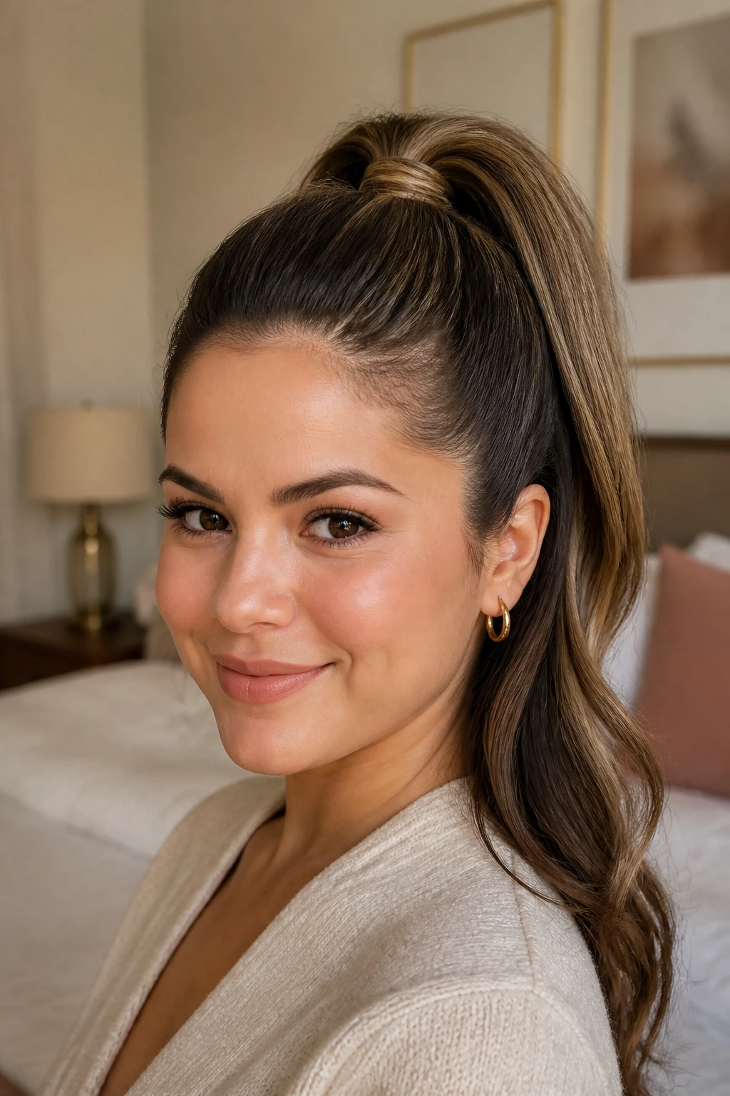 Close-up of a real woman with a high crown ponytail