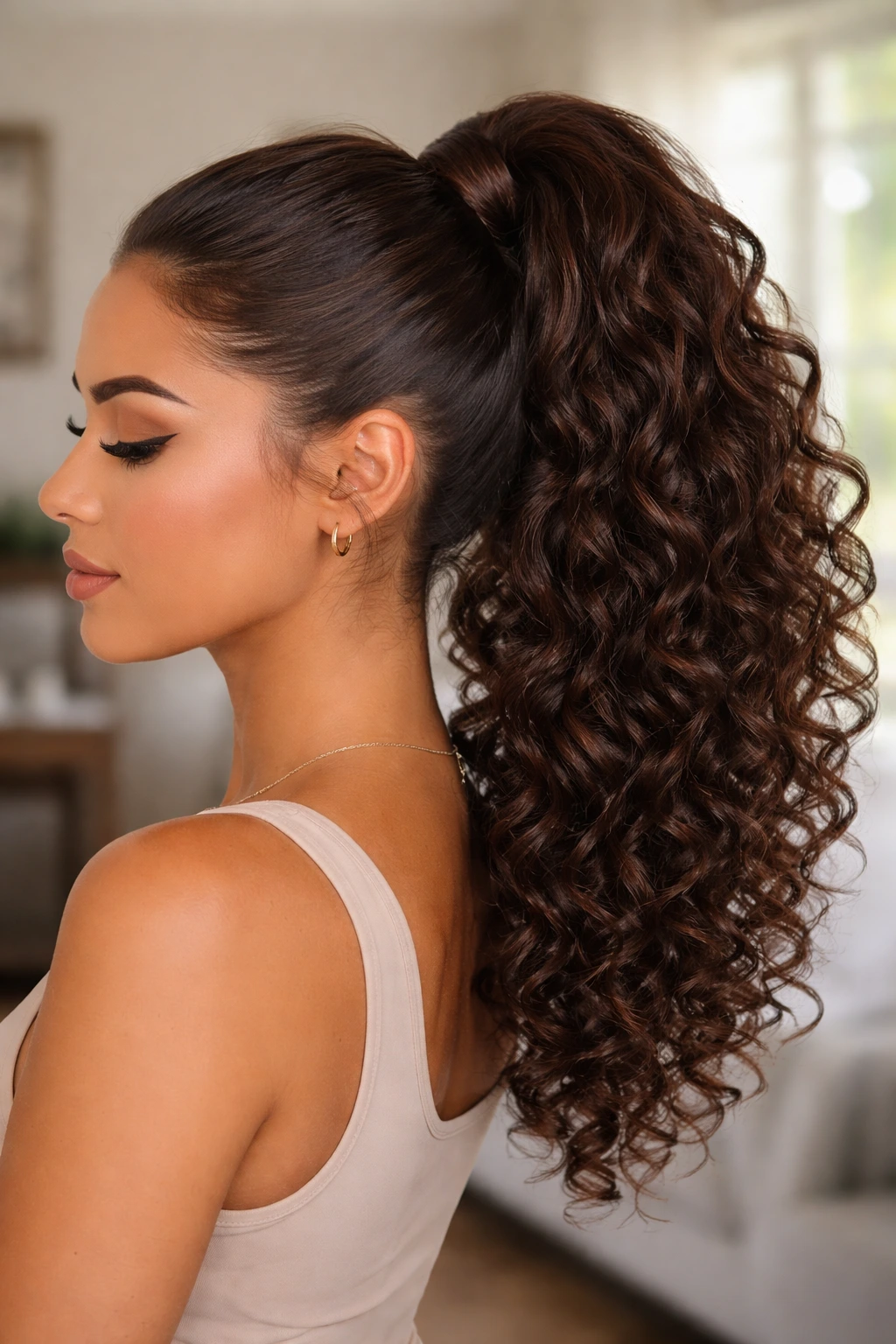 Real woman with a high chocolate ponytail on curly hair with wrap detail