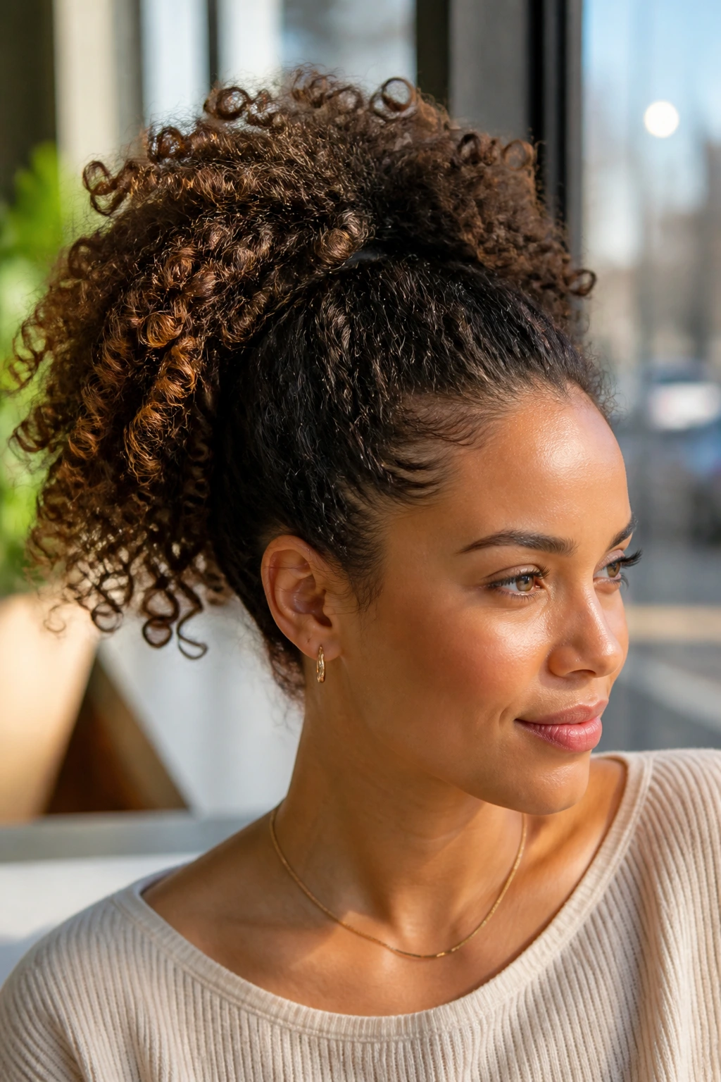 Real woman with voluminous high curly ponytail against sunlit background