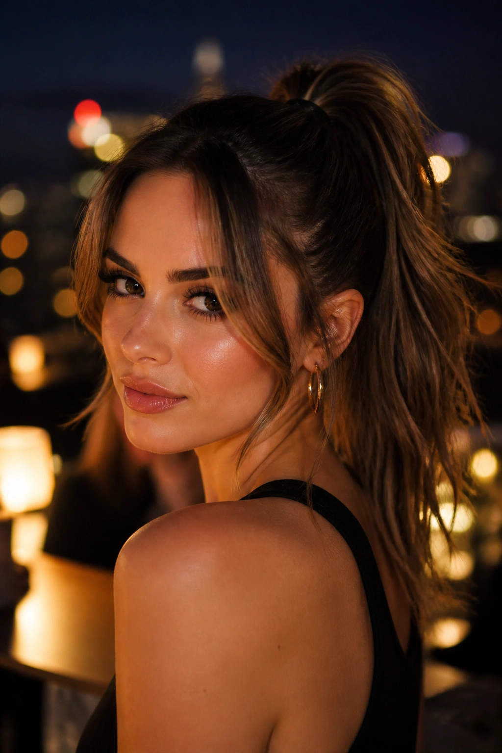 Close-up portrait of a real woman wearing a high ponytail with soft curtain pieces