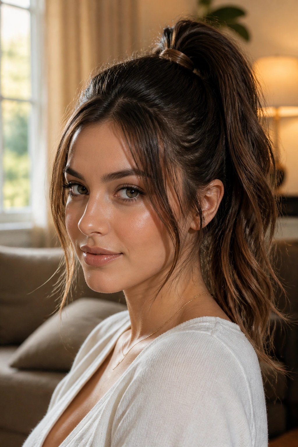 Close-up of a real woman with a high ponytail and face-framing pieces