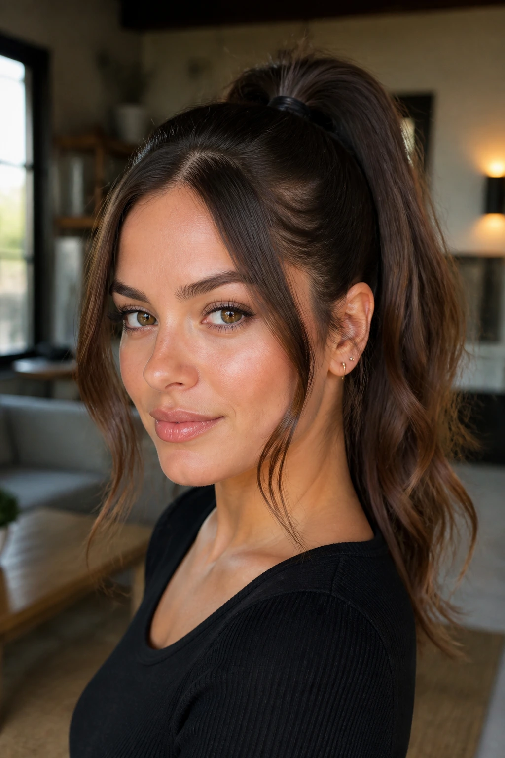 Close-up portrait of a real woman with a high crown ponytail and face-framing pieces in warm window light