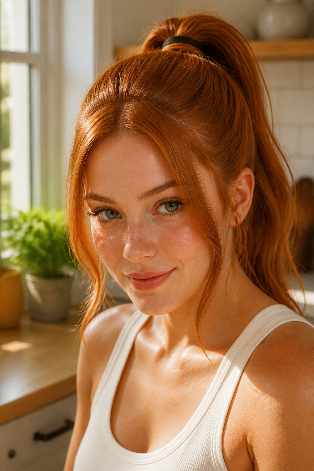 Close-up of a real person with a high ponytail and face-framing pieces