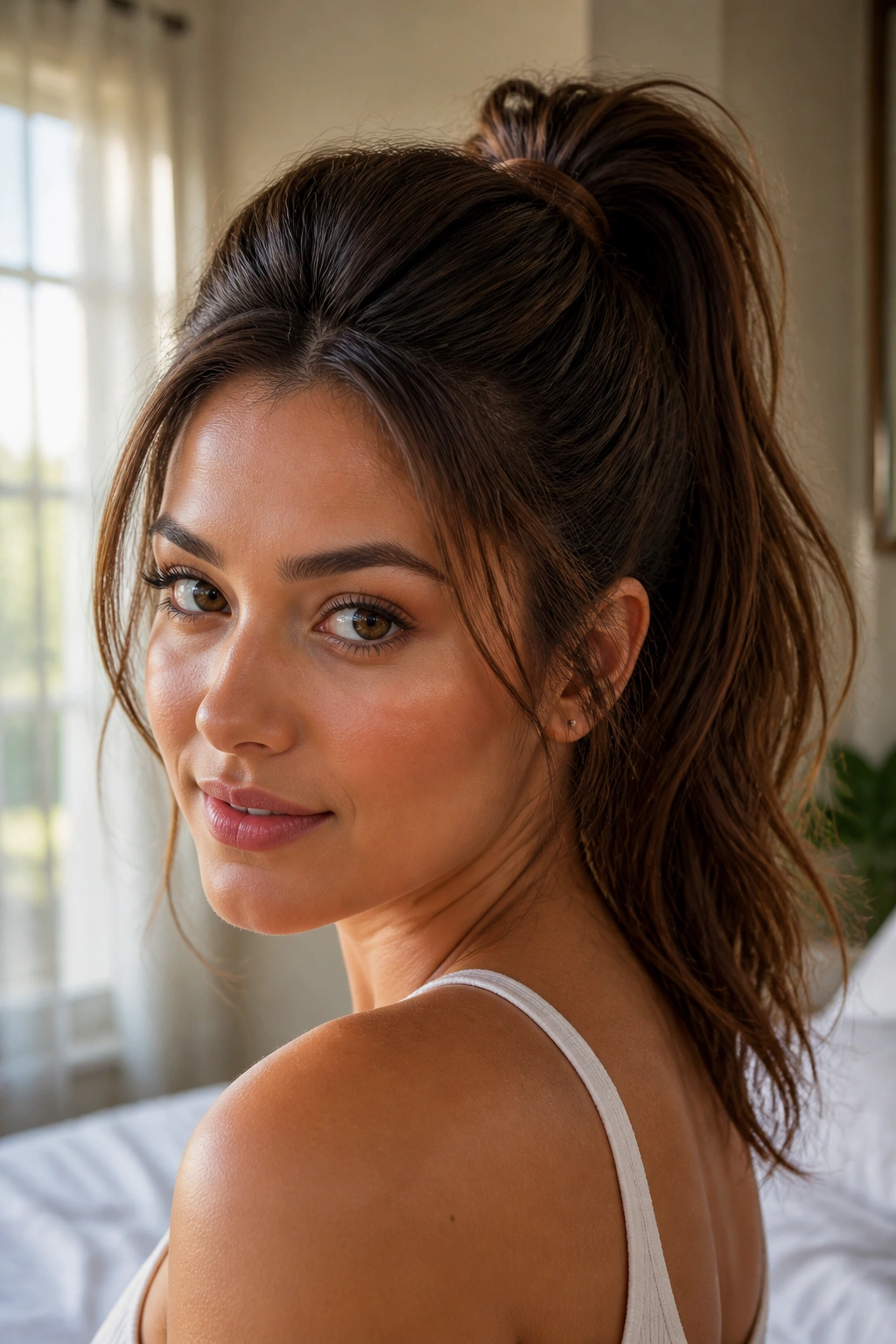 Close-up of a real woman with a high ponytail and soft crown volume