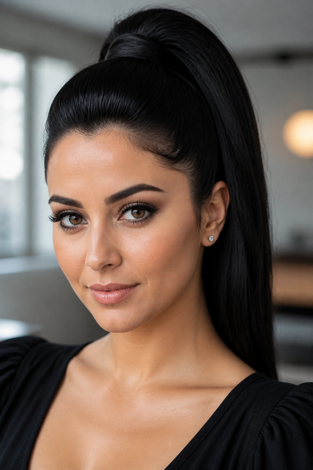 Close-up of a real woman with a sleek high ponytail and lifted crown