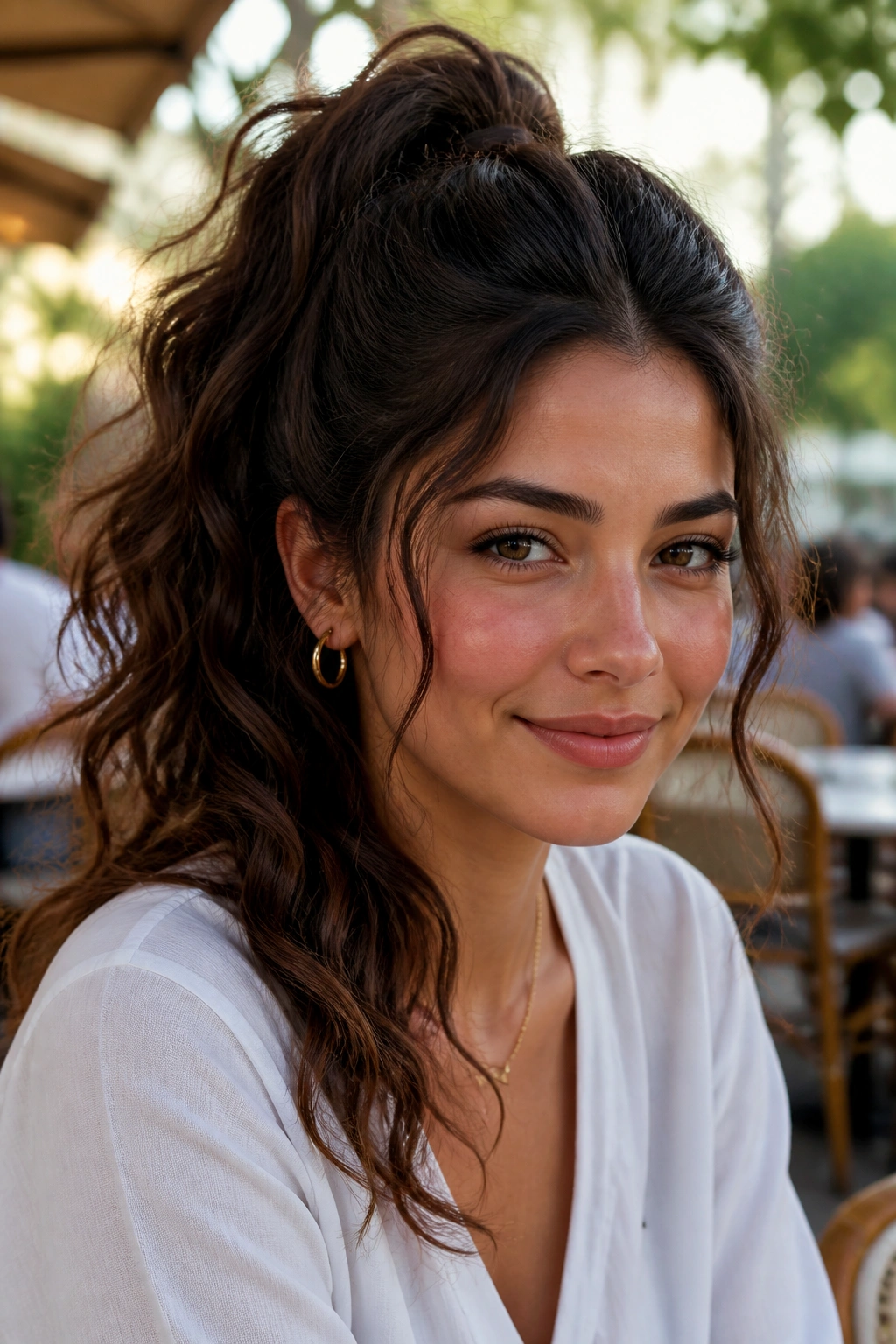 Close-up of a real woman with a high ponytail and loose crown in thick wavy hair