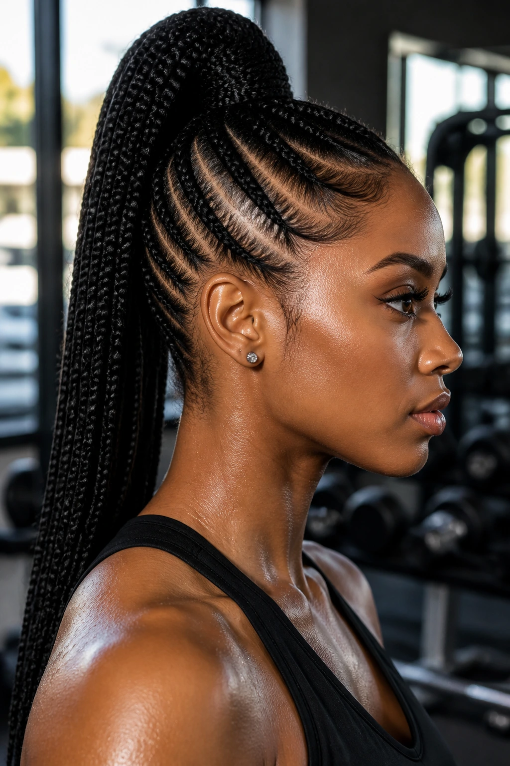 Close-up portrait of a real person with a High Ponytail Mohawk featuring a crown ponytail formed from cornrows