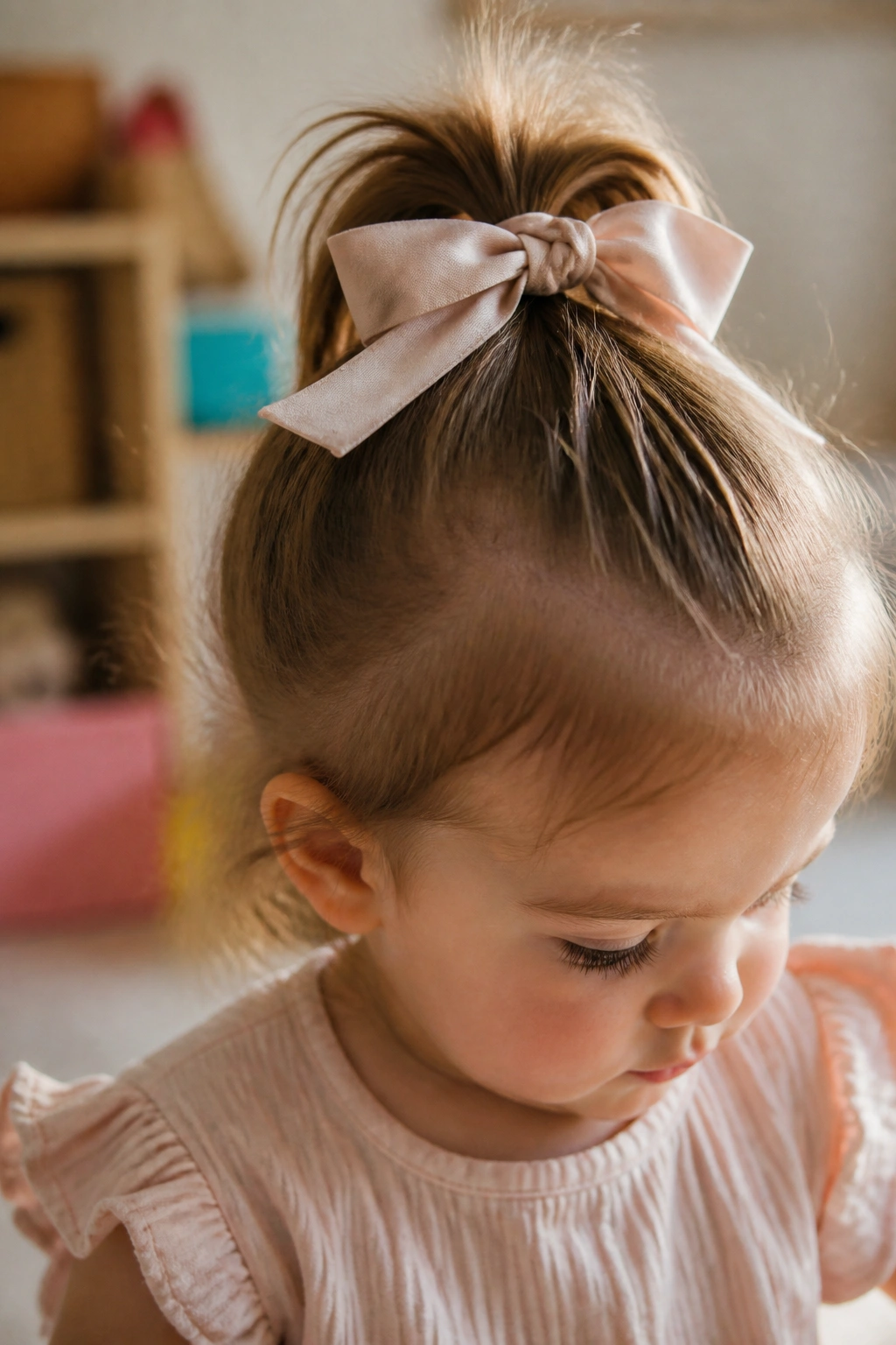 Close-up of real toddler with a high ponytail and ribbon in natural light