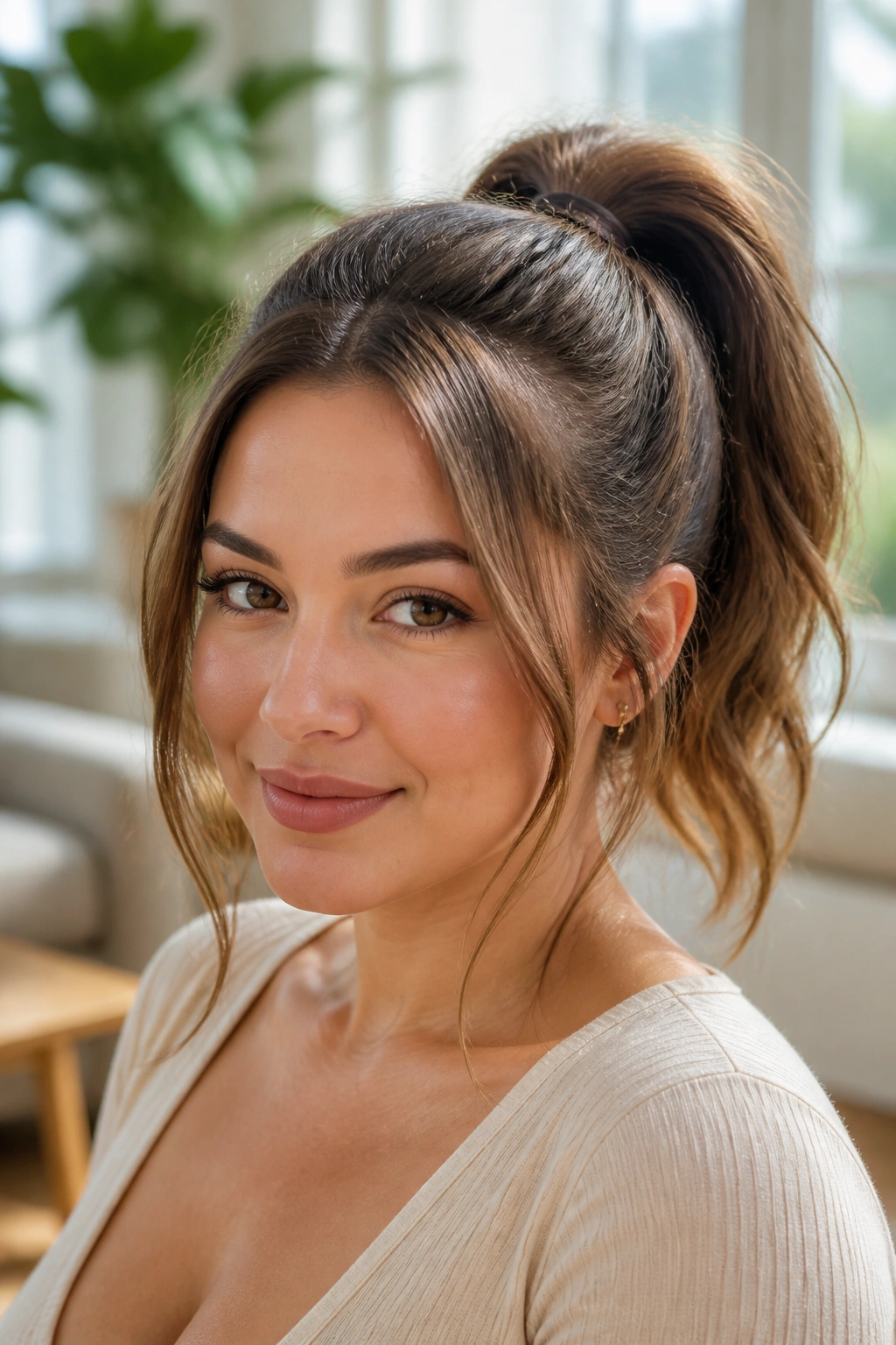 Close-up of a real woman with a high crown ponytail and face-framing strands.