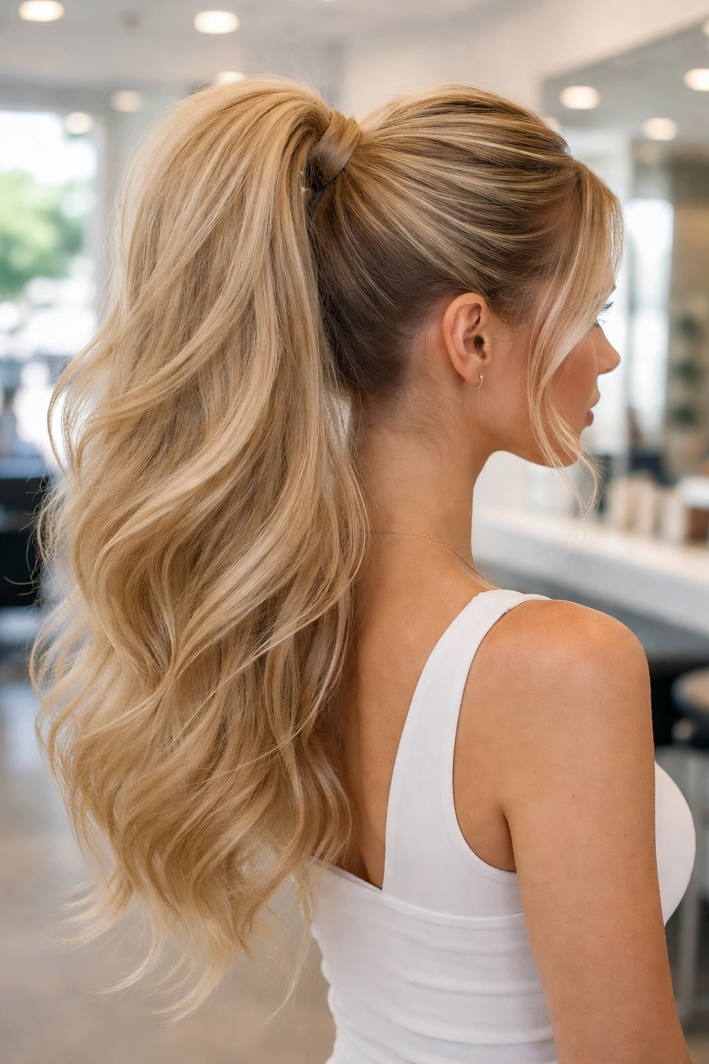 Back view of a real person with a stacked high ponytail showing volume