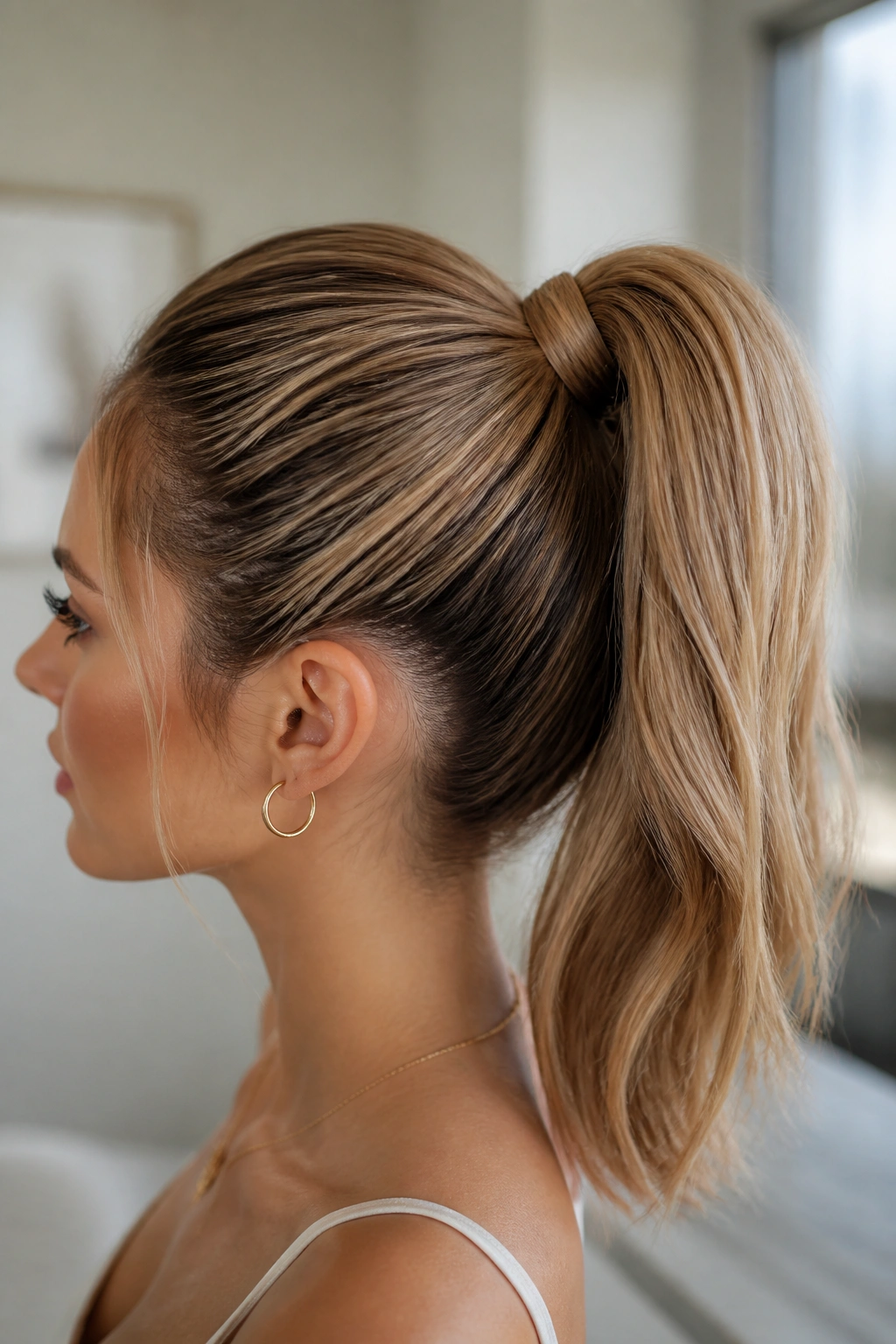 Close-up of a real woman with a high ponytail and wrapped base.