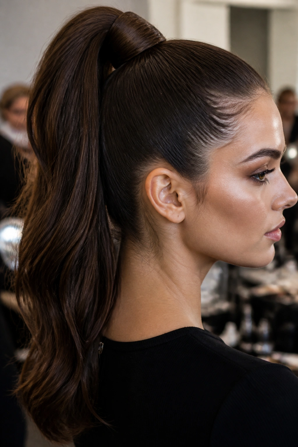 Portrait of a real woman with a high ponytail featuring a wrapped base