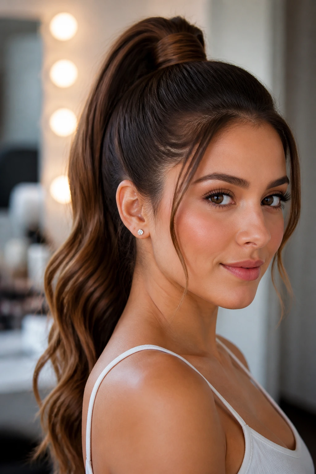 Real person wearing a high ponytail with a wrapped base