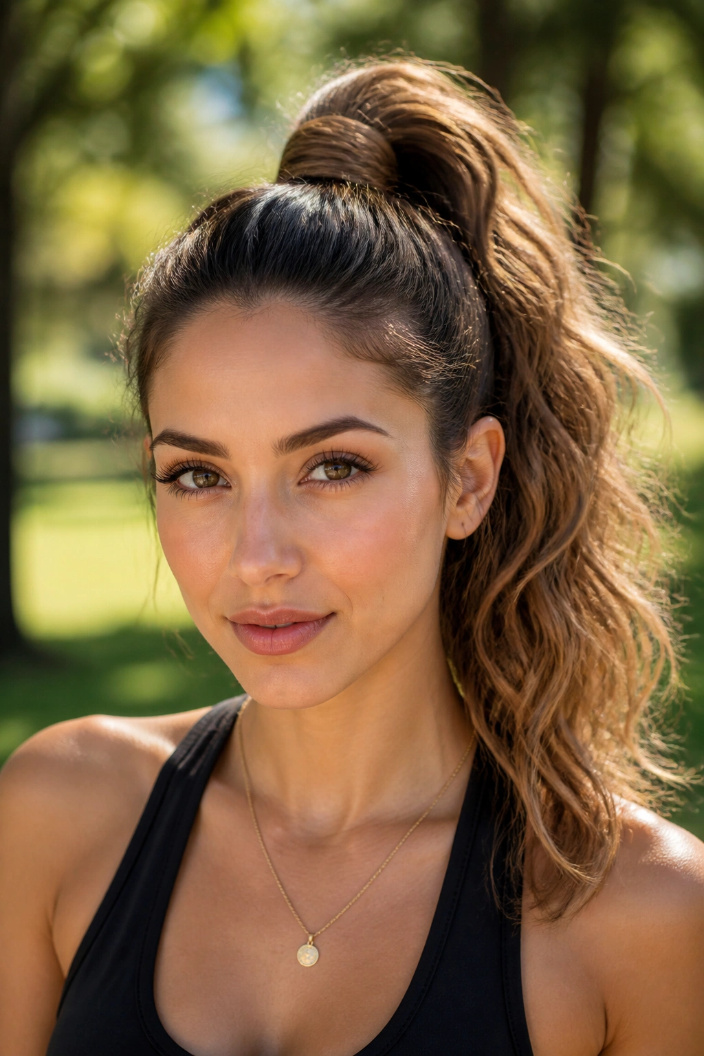 Real woman with high ponytail featuring wrapped base in outdoor park