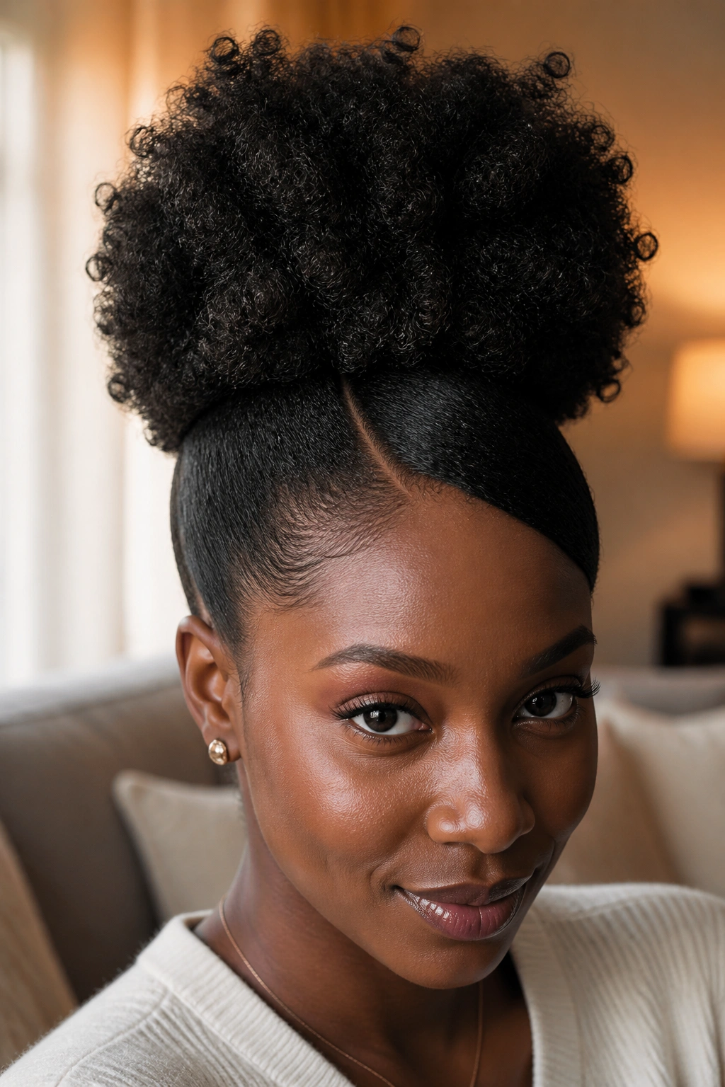 Close-up portrait of a real woman with a high puff and a deep side part