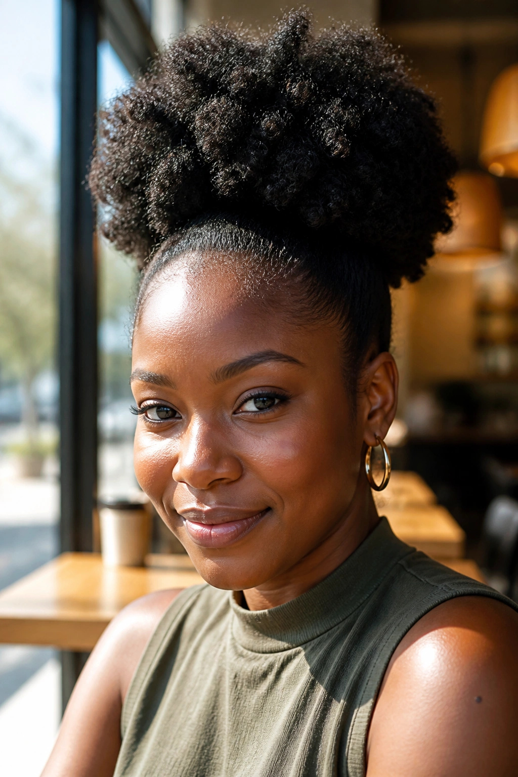 Close-up portrait of a real woman with a high puff hairstyle