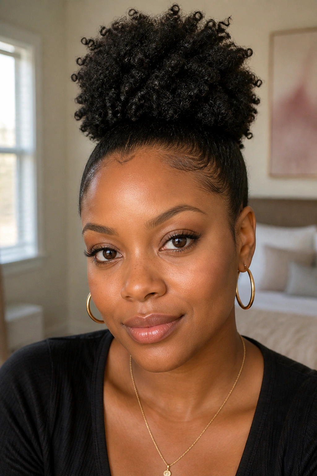 Close-up portrait of a real woman with a high crown puff in a cozy bedroom