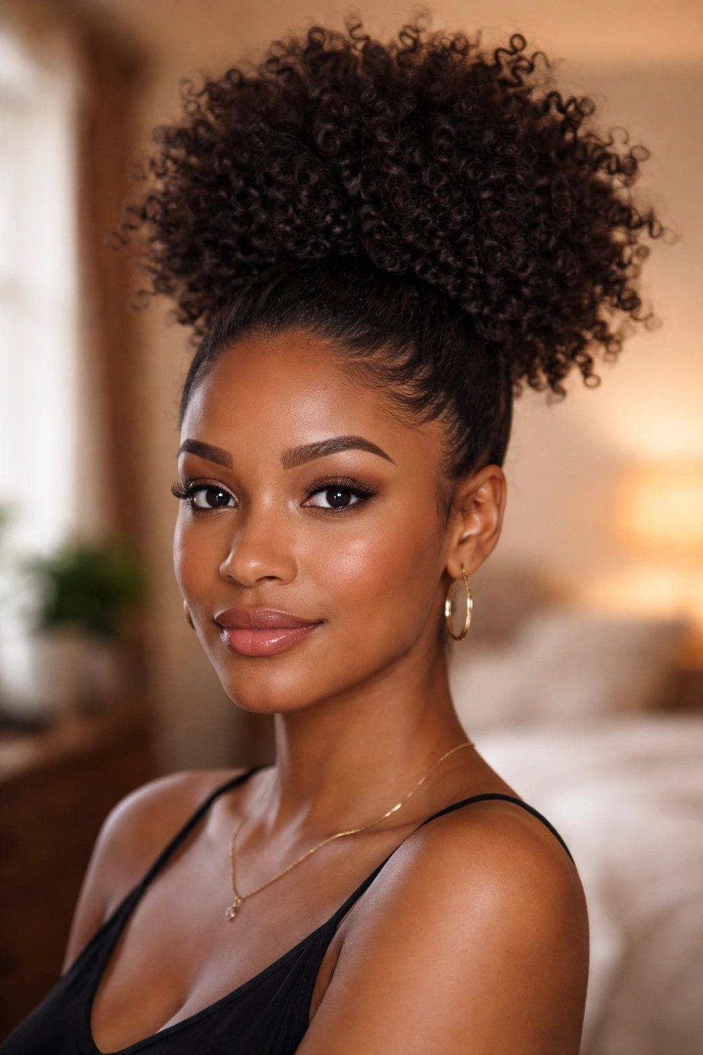 Close-up of a real woman with a high crown puff and curled volume at the crown.