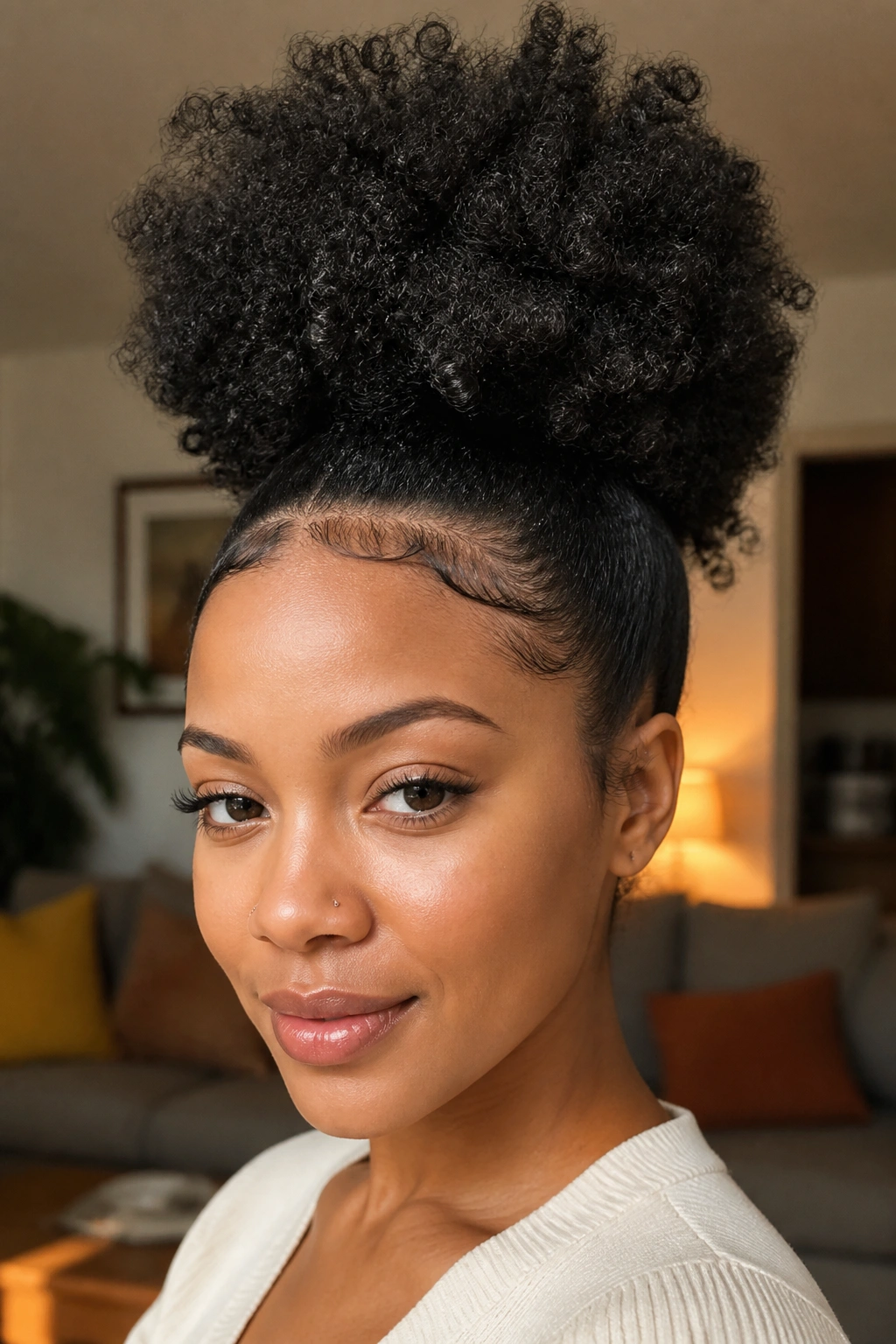 Close-up of a high puff hairstyle on a real woman