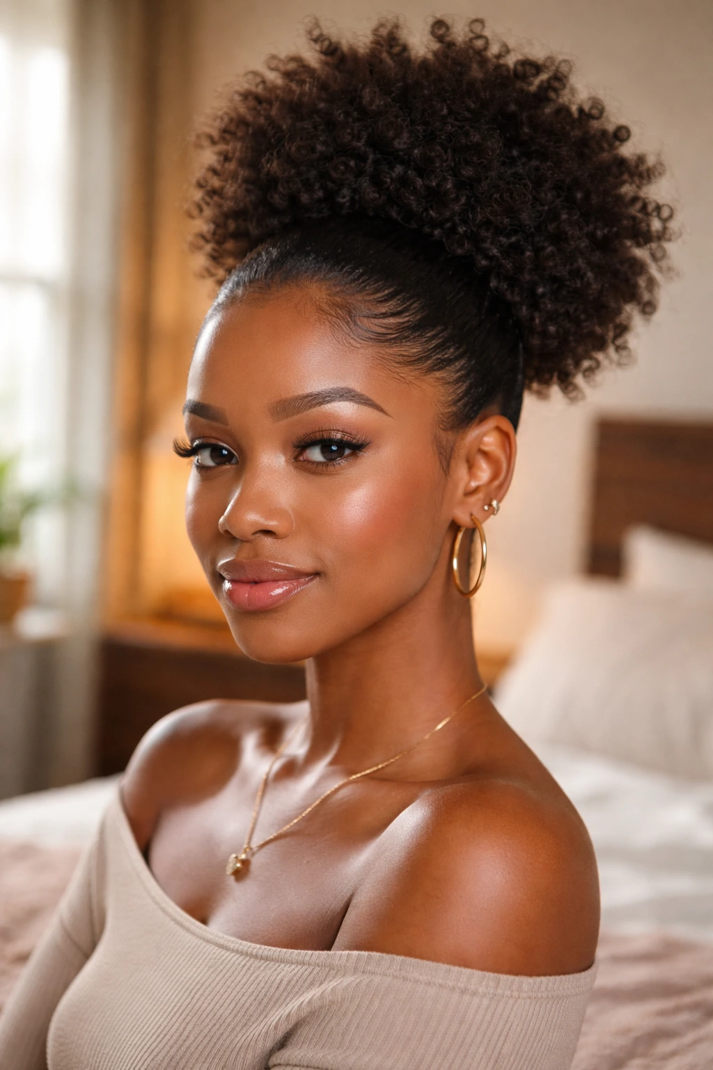 Close-up of a real woman with a high puff and smooth edges in warm window light.
