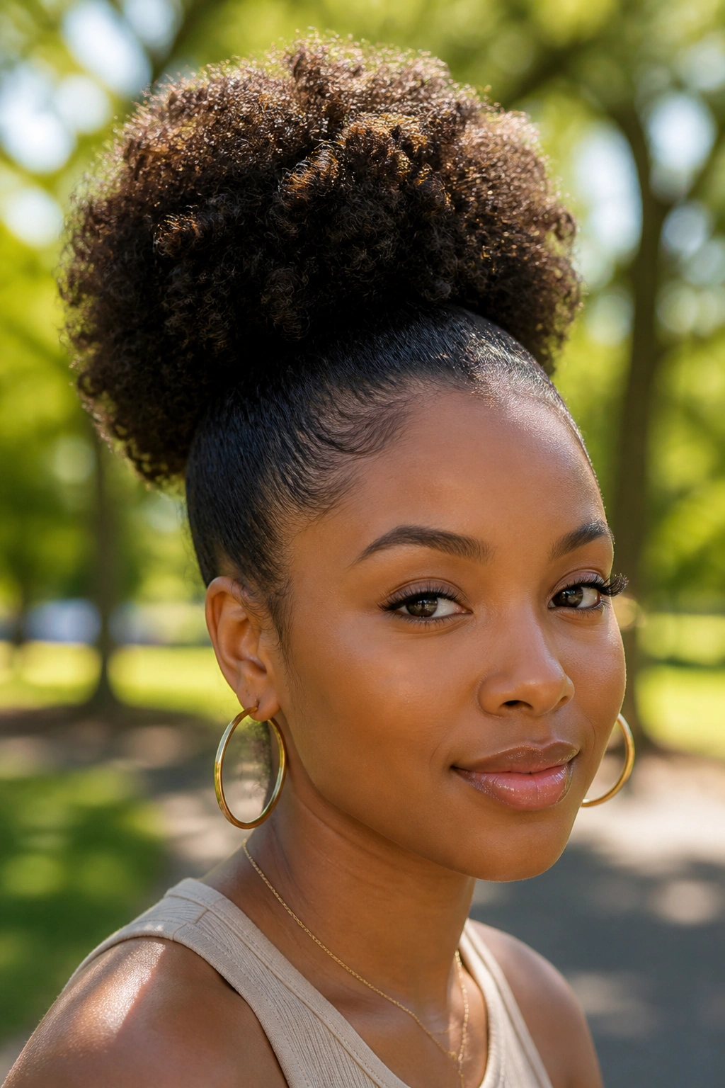 Close-up portrait of a real woman with a high puff hairstyle