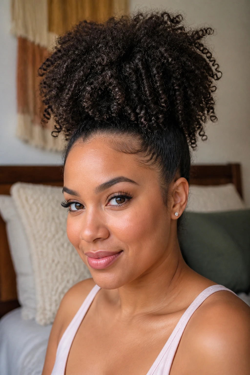 Close-up portrait of a real woman with a high curly puff hairstyle, crown-height lift
