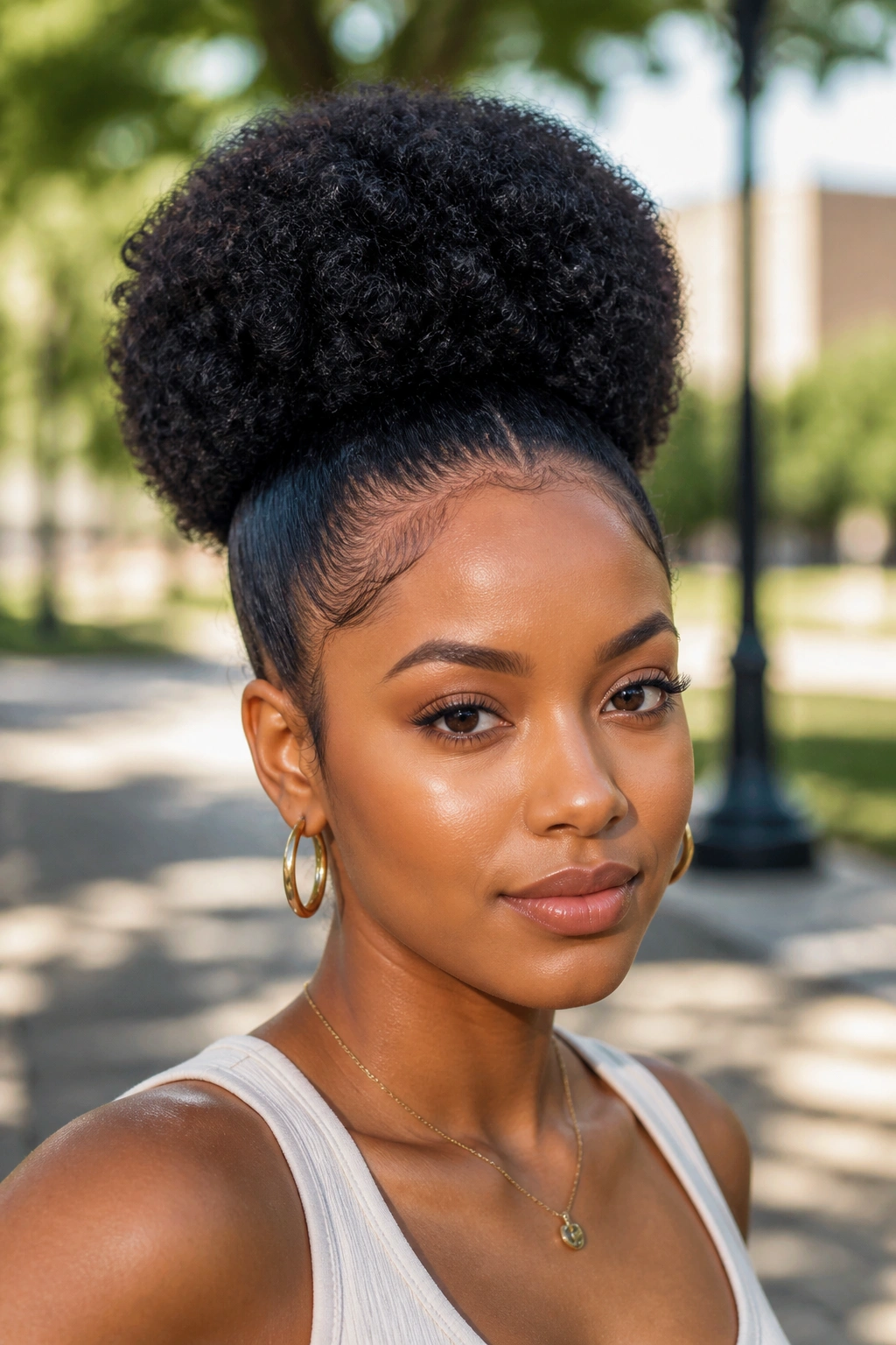Close-up of a real woman with a high puff and clean edges