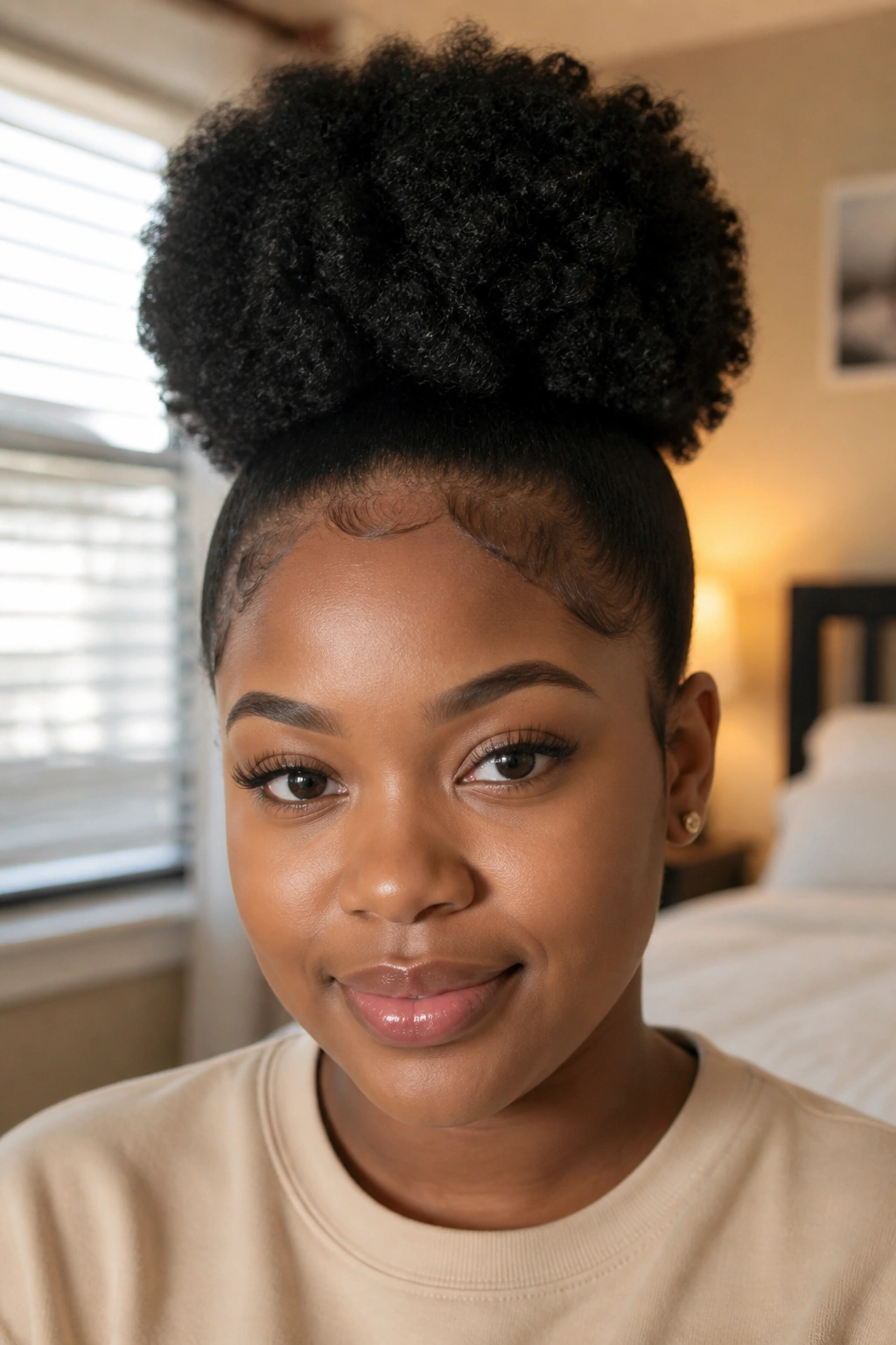 Close-up of a woman with a high puff and defined edges in warm bedroom light