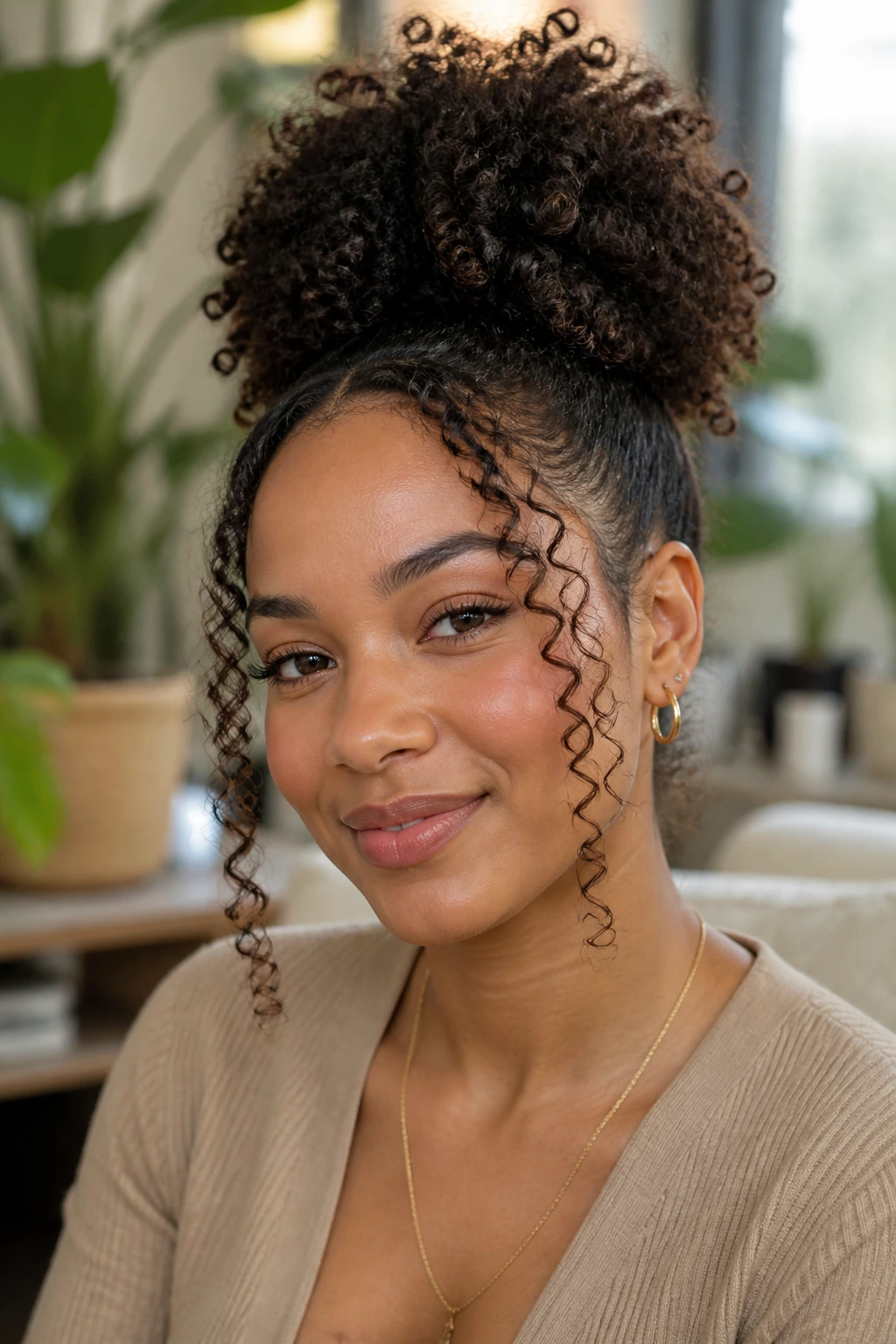 Close-up portrait of a real person with a high puff and loose face-framing curls