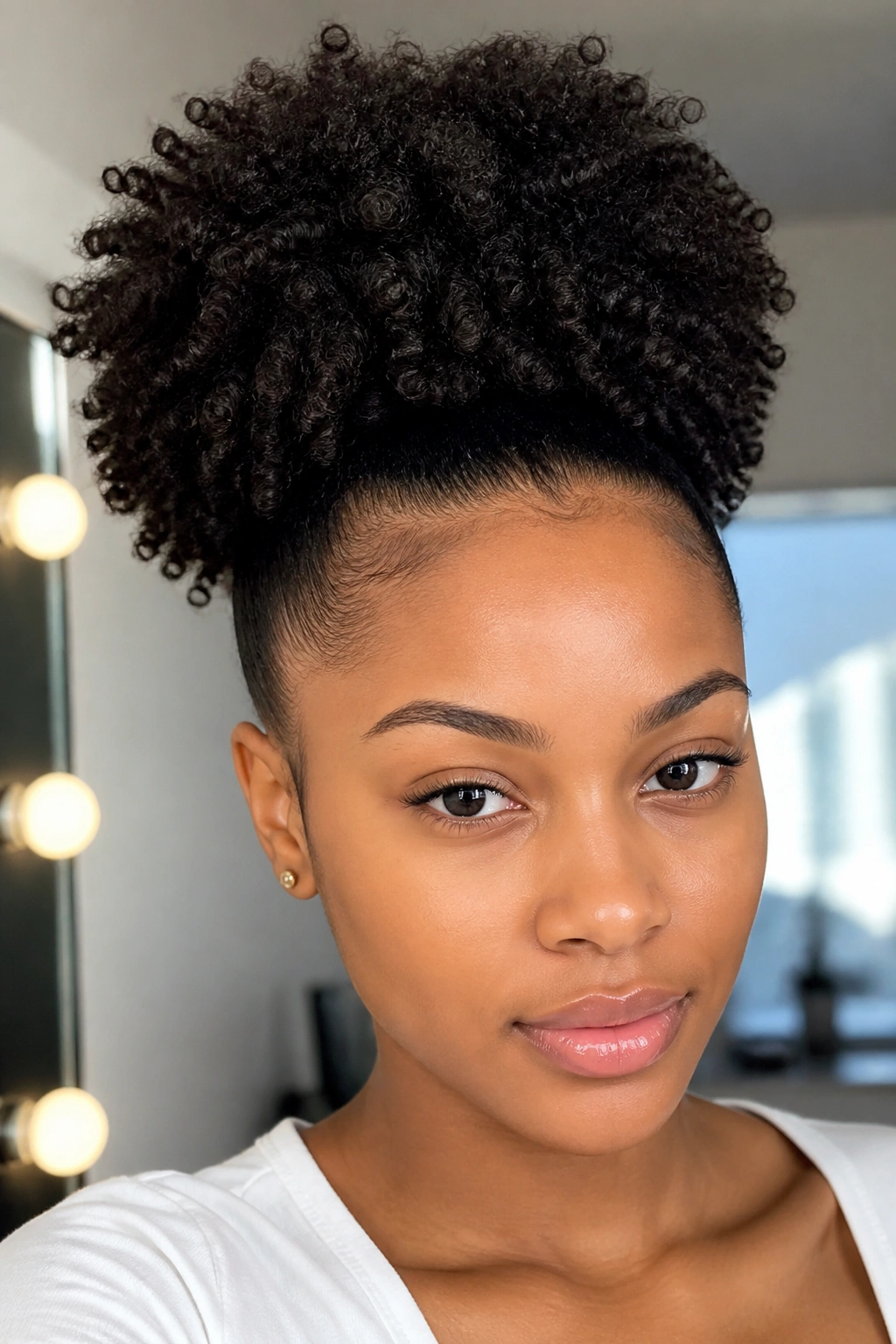 Close-up of a real woman with a high puff and clean hairline