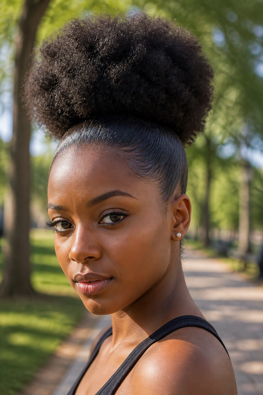 Close-up of a real person with a high puff and slicked sides showing height and volume