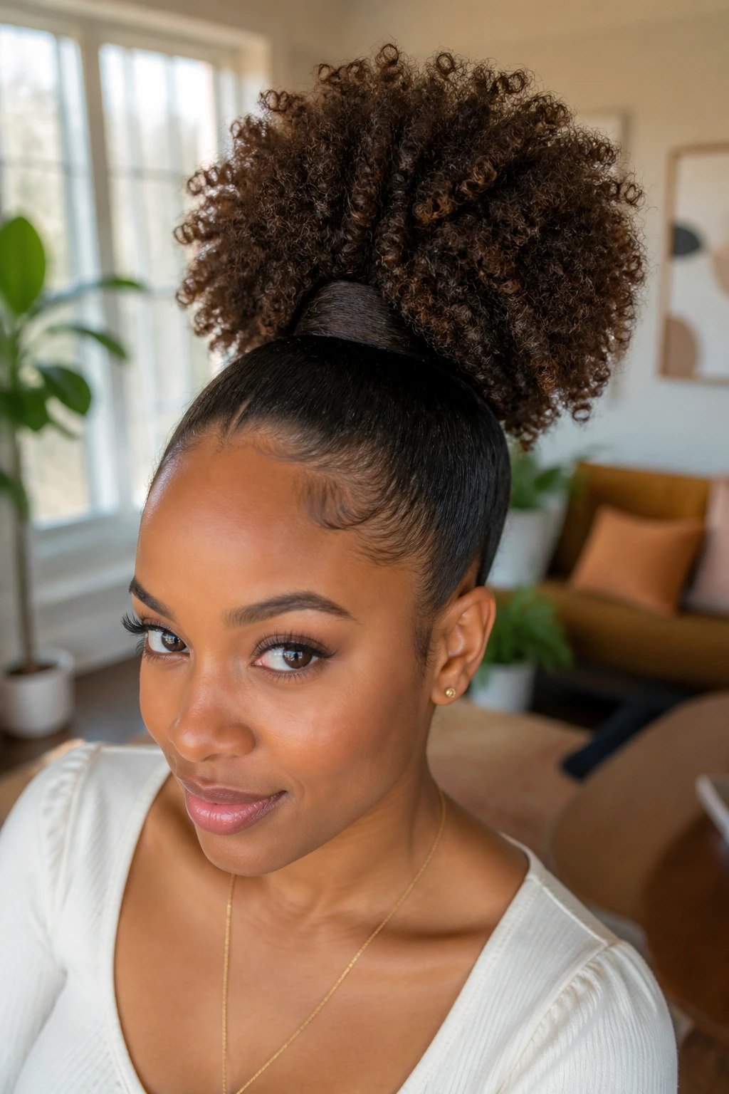 Close-up of a real woman showing a high puff ponytail with wrapped base.