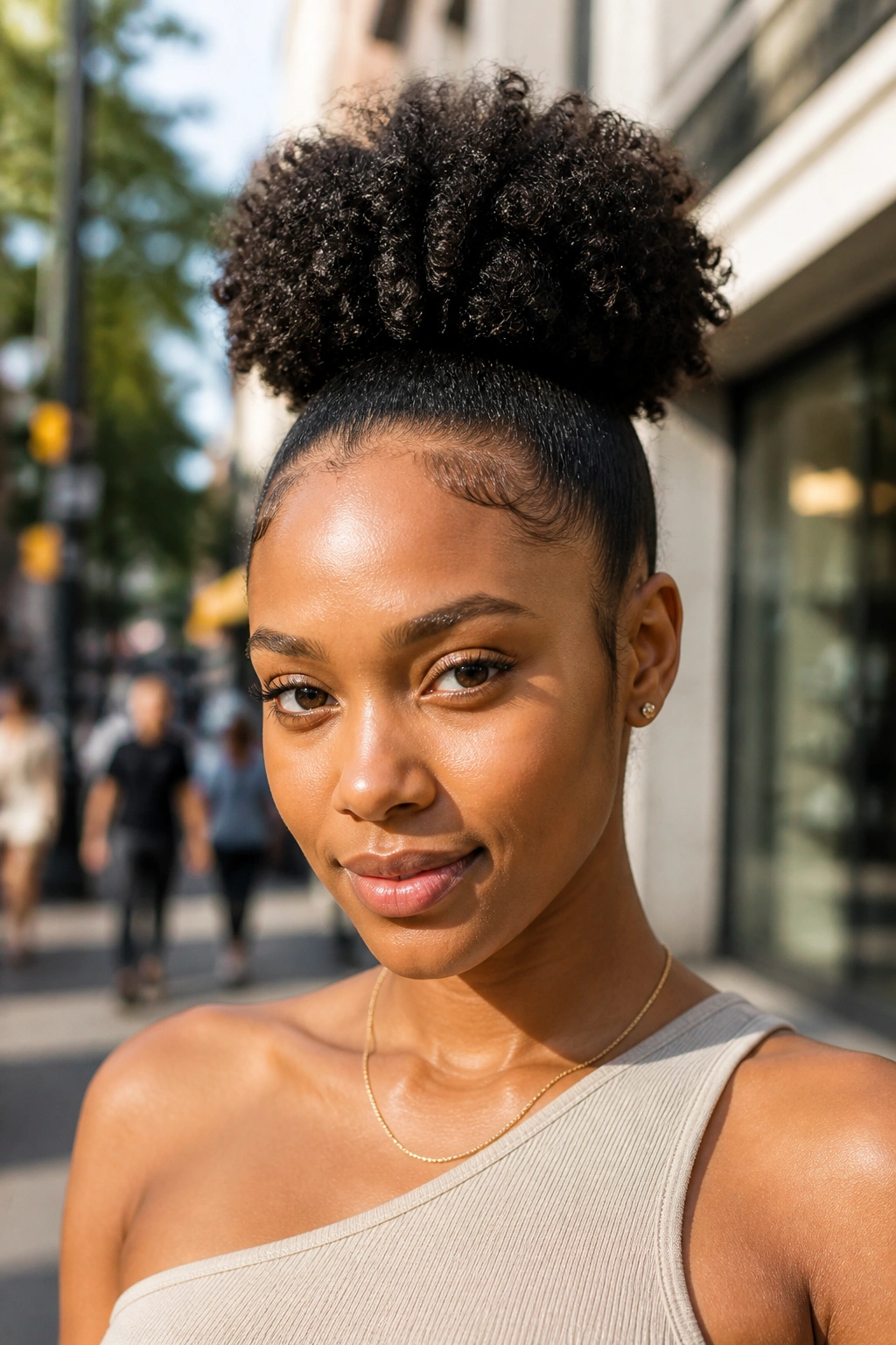 Close-up of a woman with a high puff hairstyle in morning light