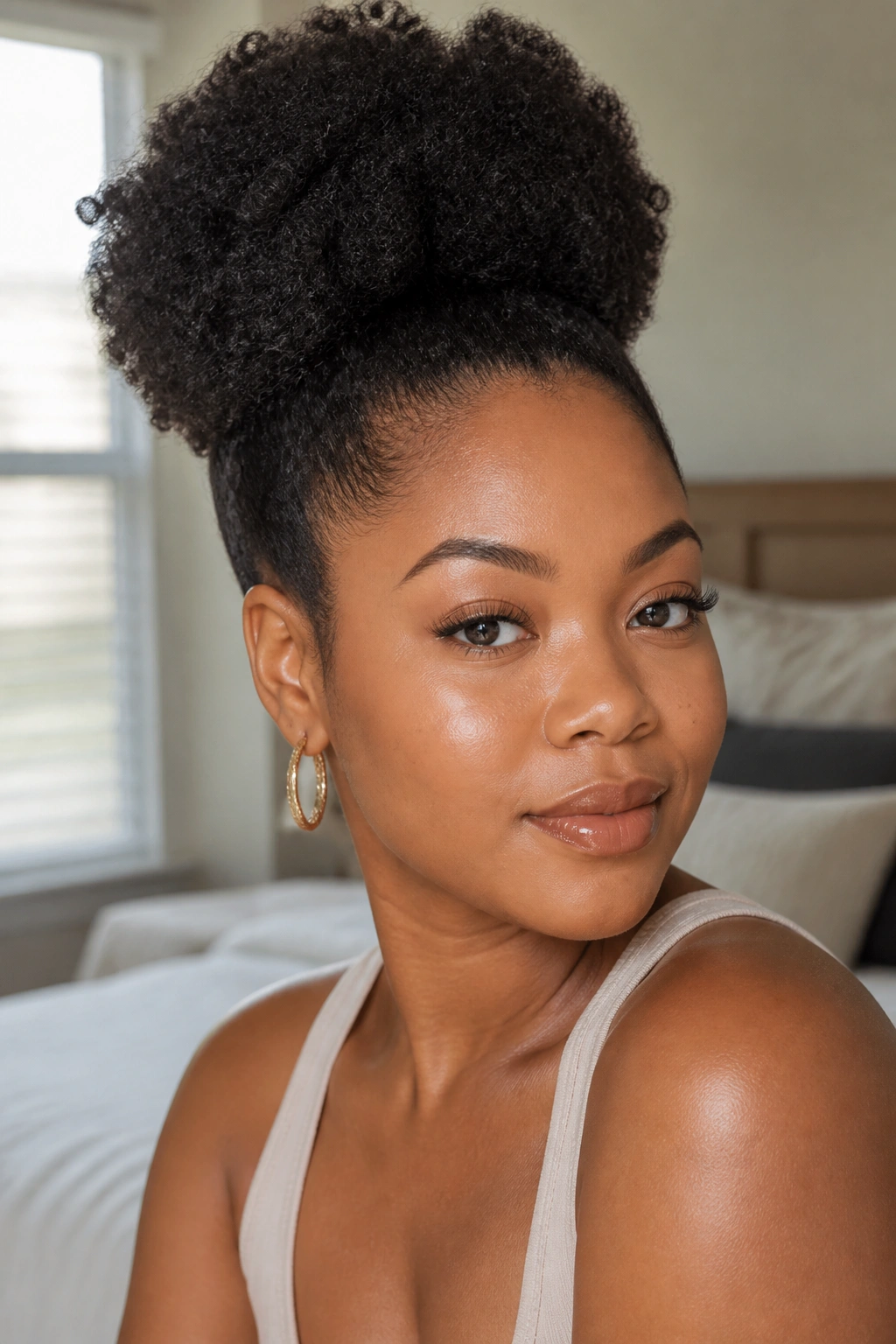Close-up portrait of a woman with a high puff and tapered sides