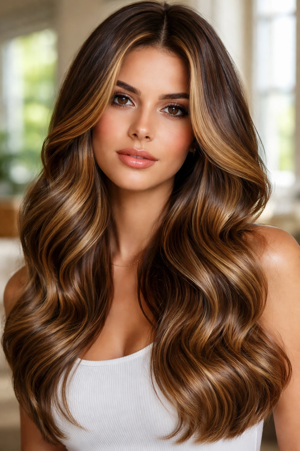 Close-up of a real woman with high-shine honey balayage and glossy reflection in natural light