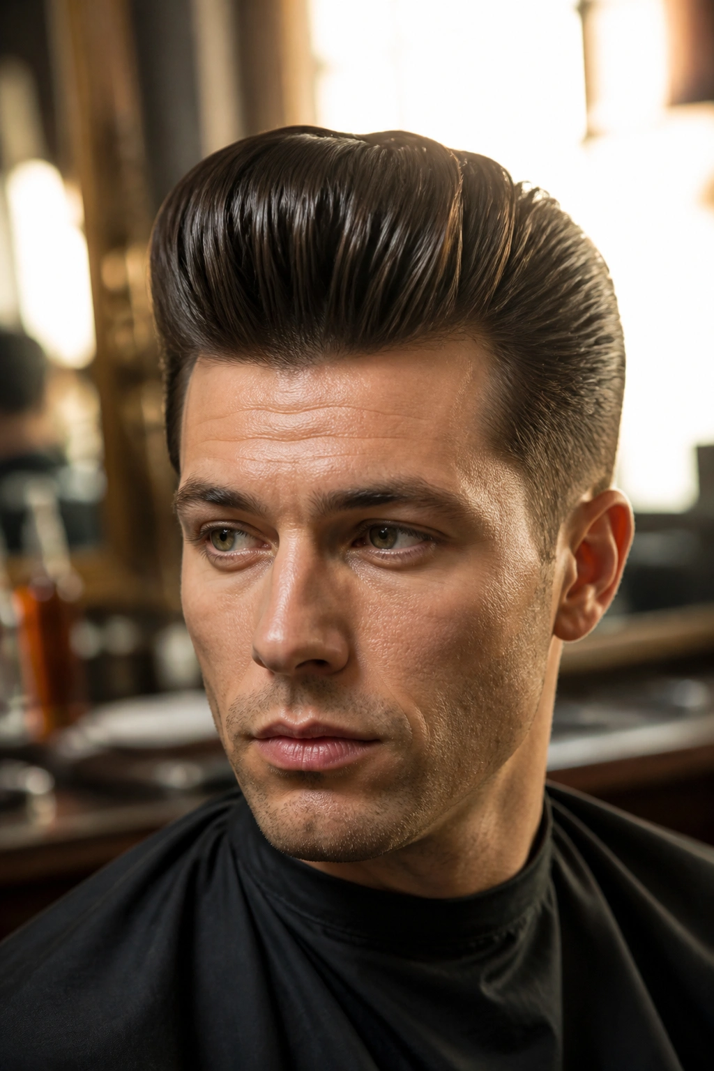 Close-up of man with classic high-shine pompadour, glossy top and tapered sides