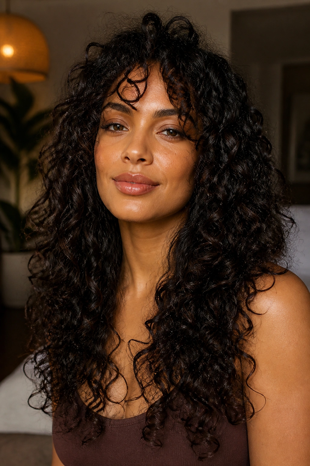 Close-up of a real woman with long layers for high-shrinkage curls.