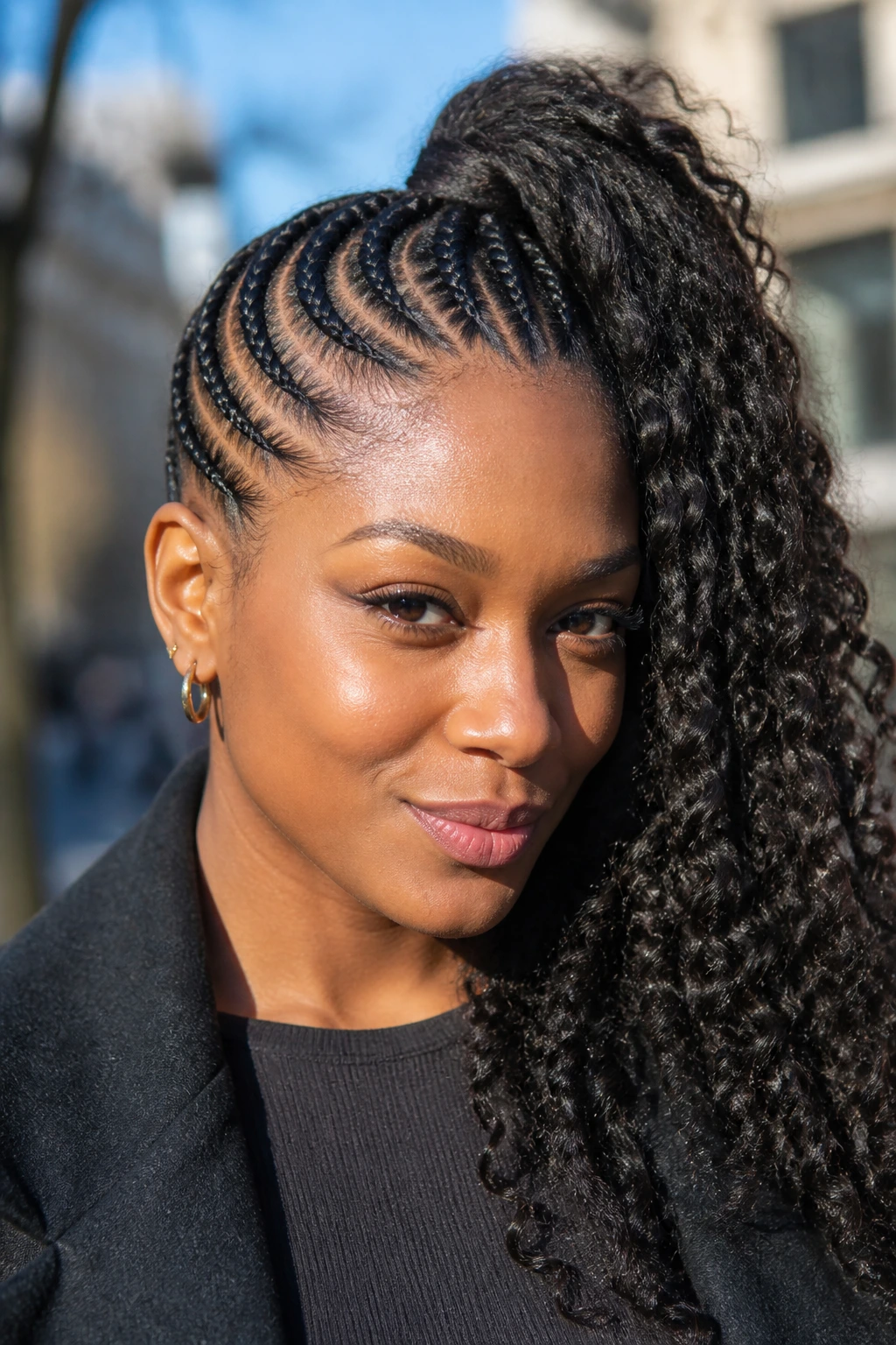 Close-up of side cornrows pulled into a high side ponytail on a real person outdoors.