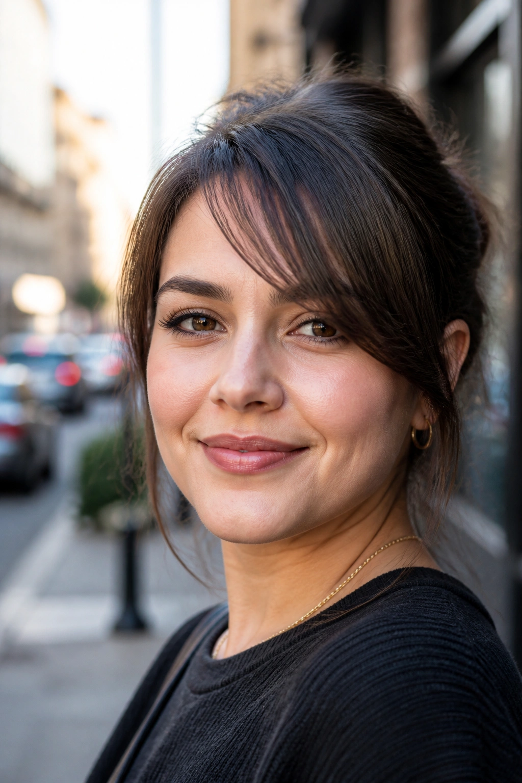 Portrait of a person with high-starting side bangs above the brow in natural light