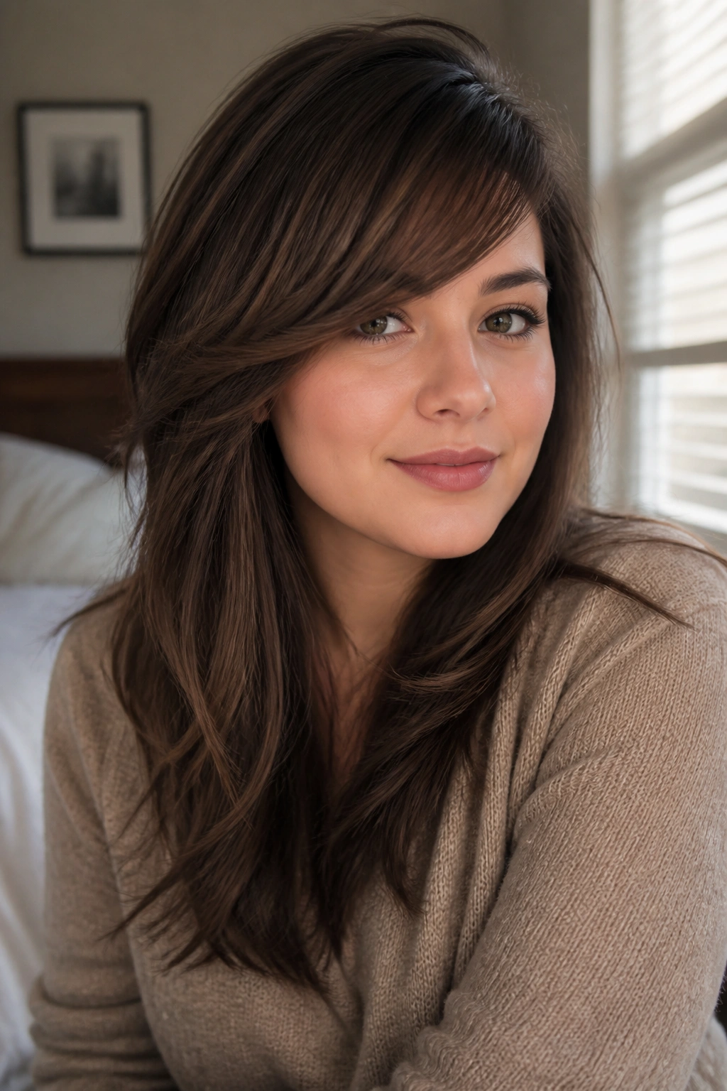 Close-up portrait of a real woman with high-swept side bangs on a round face, natural light