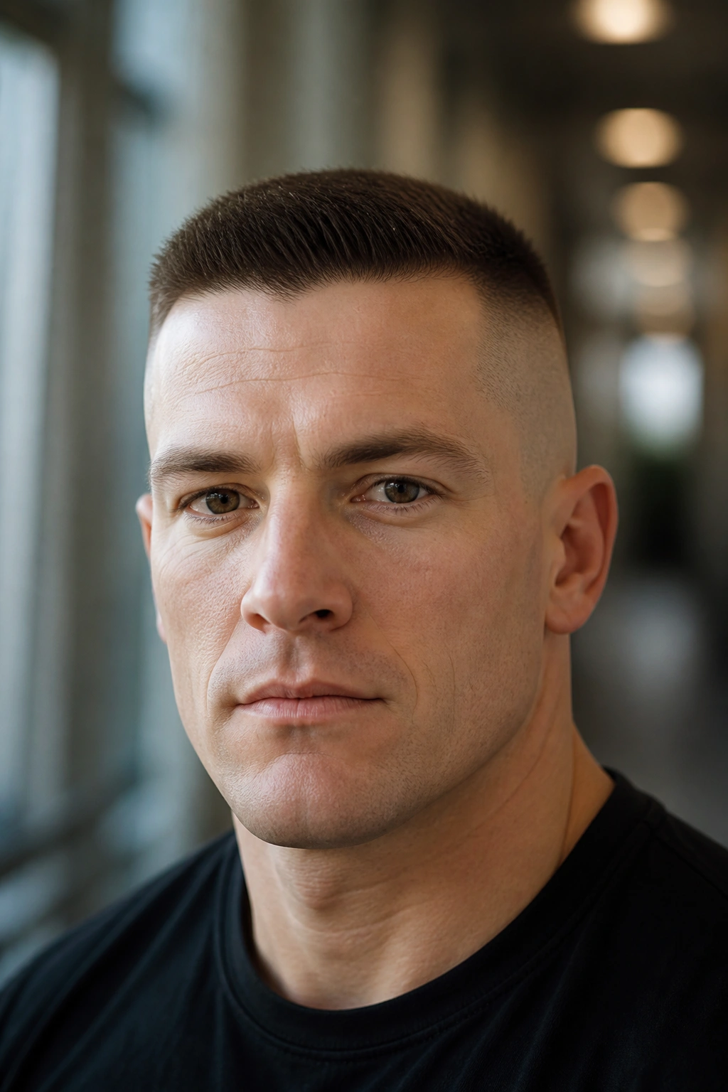 Man with high and tight haircut in a hallway setting