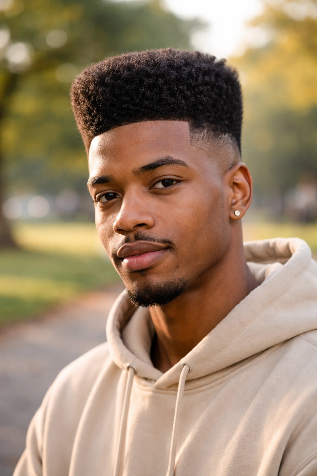 Close-up portrait of a real person with a high top fade