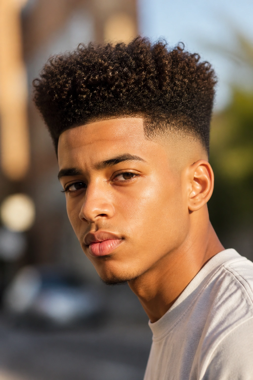 Close-up portrait of a real person with a high-top fade and curly top in an urban golden-hour setting