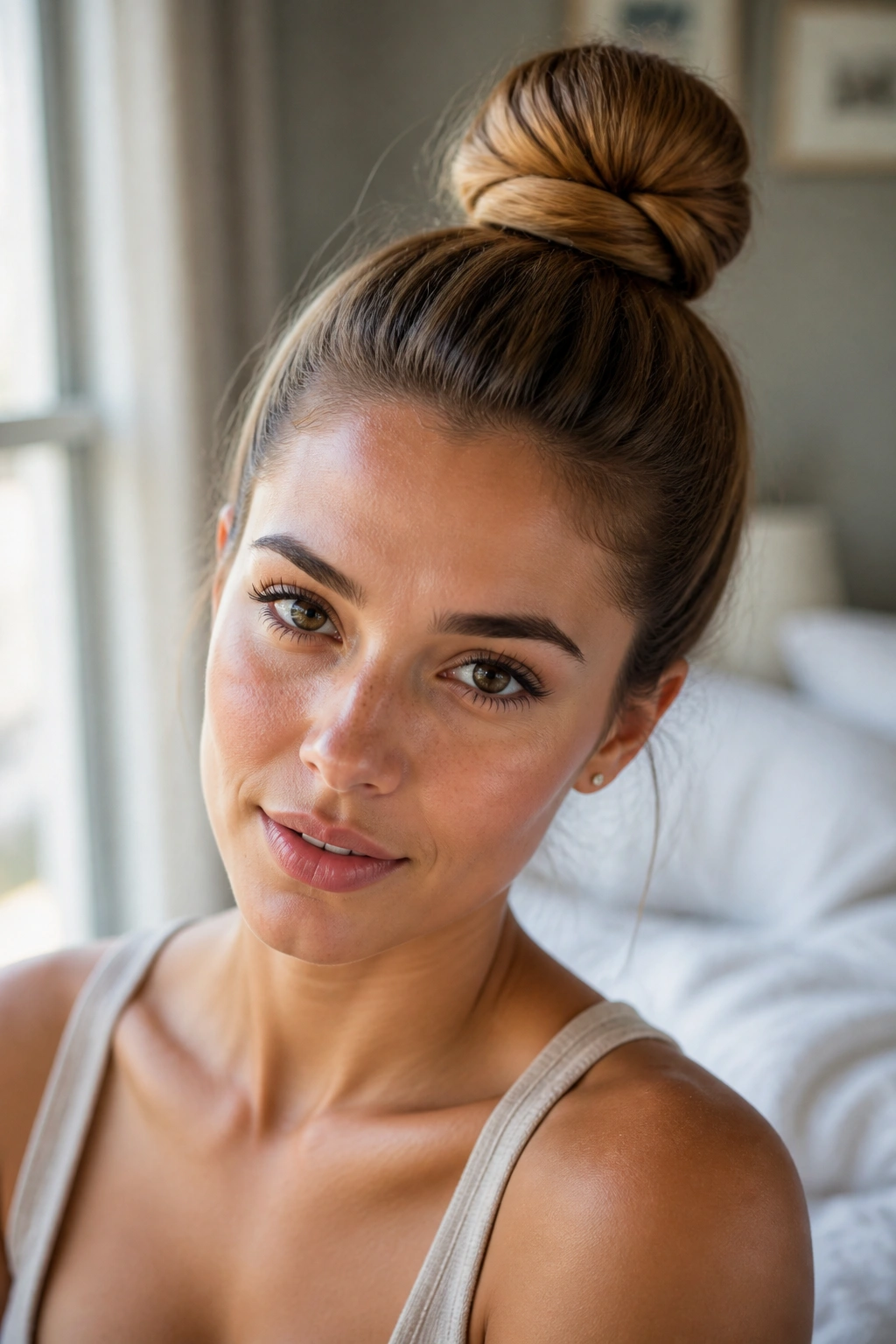 Close-up portrait of a real woman with a classic high top knot at the crown