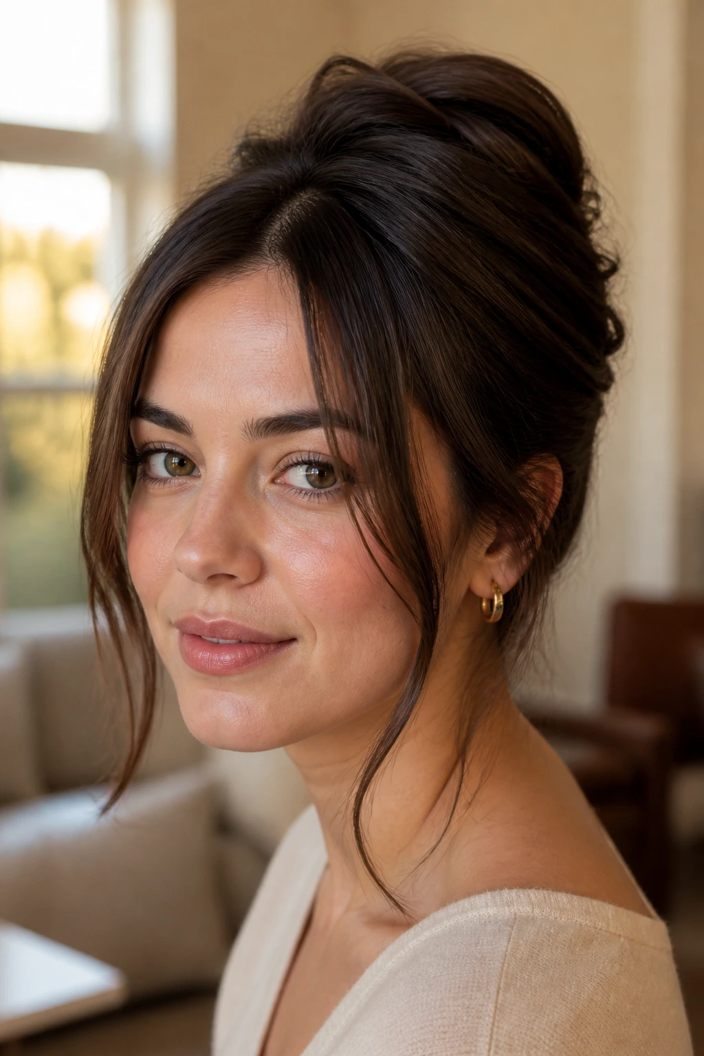 Close-up portrait of a real woman with a high tucked roll and loose front pieces.
