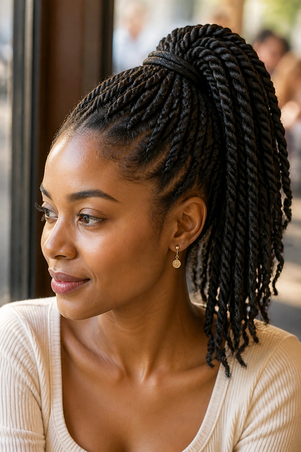 Close-up of a real woman's high twist ponytail against a sunlit background.