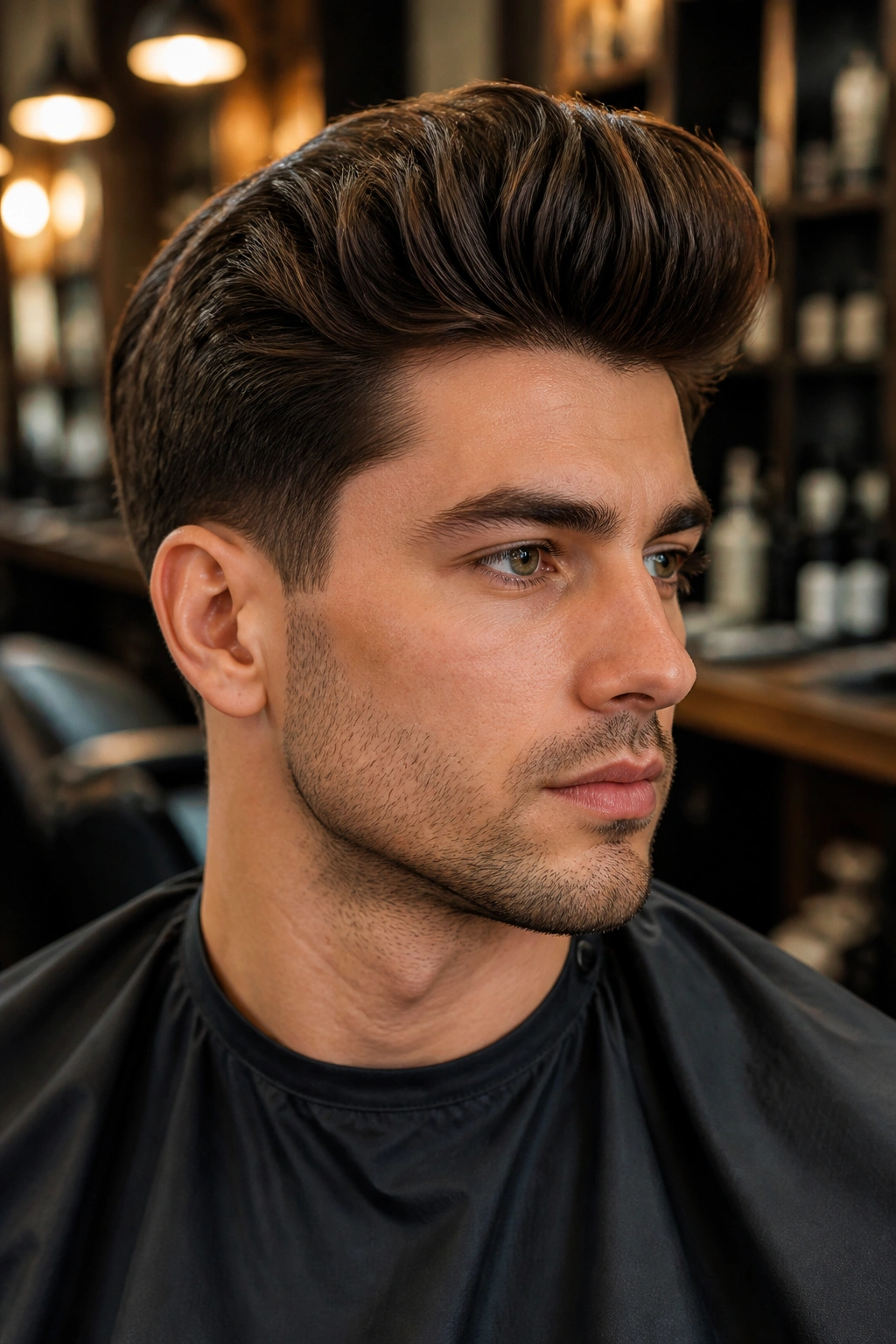 Portrait of a man with high-volume pompadour layered crown