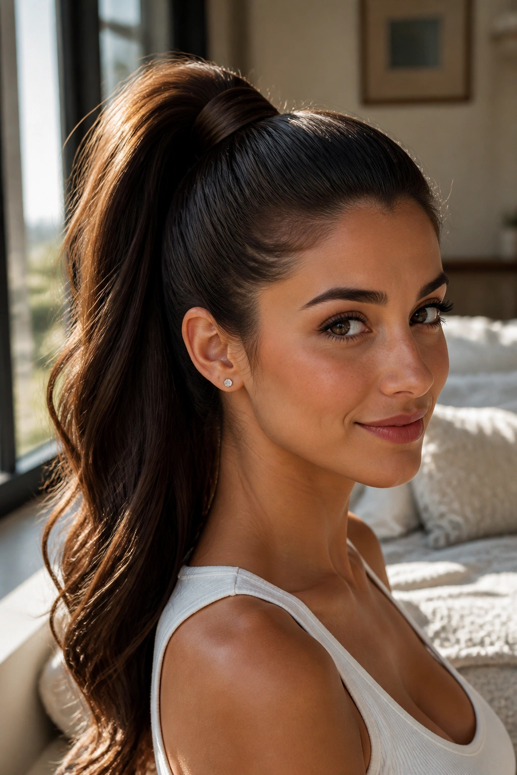 Close-up portrait of a real woman with a high wrapped ponytail and hidden elastic at the base.