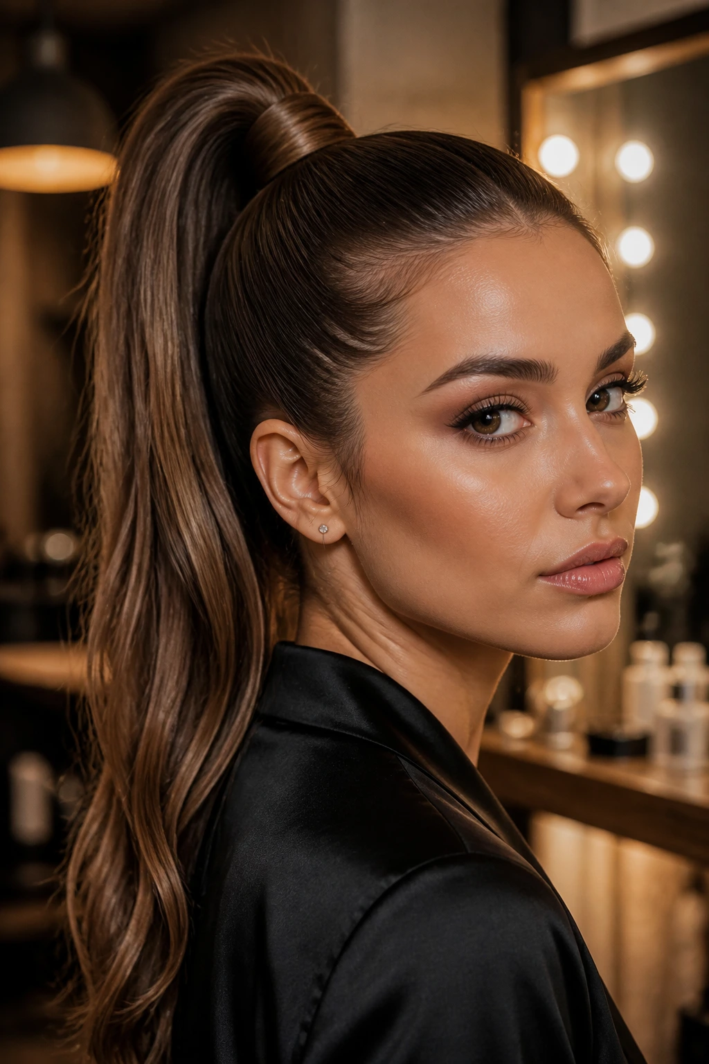 Portrait of a real woman with a high wrapped ponytail and hair-wrapped base